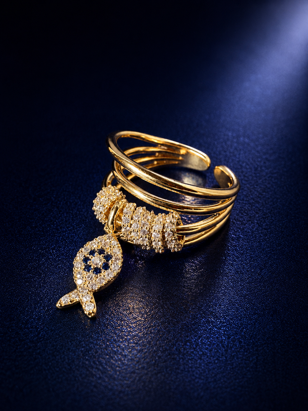 Multi-Band Pavé Fish Charm Ring