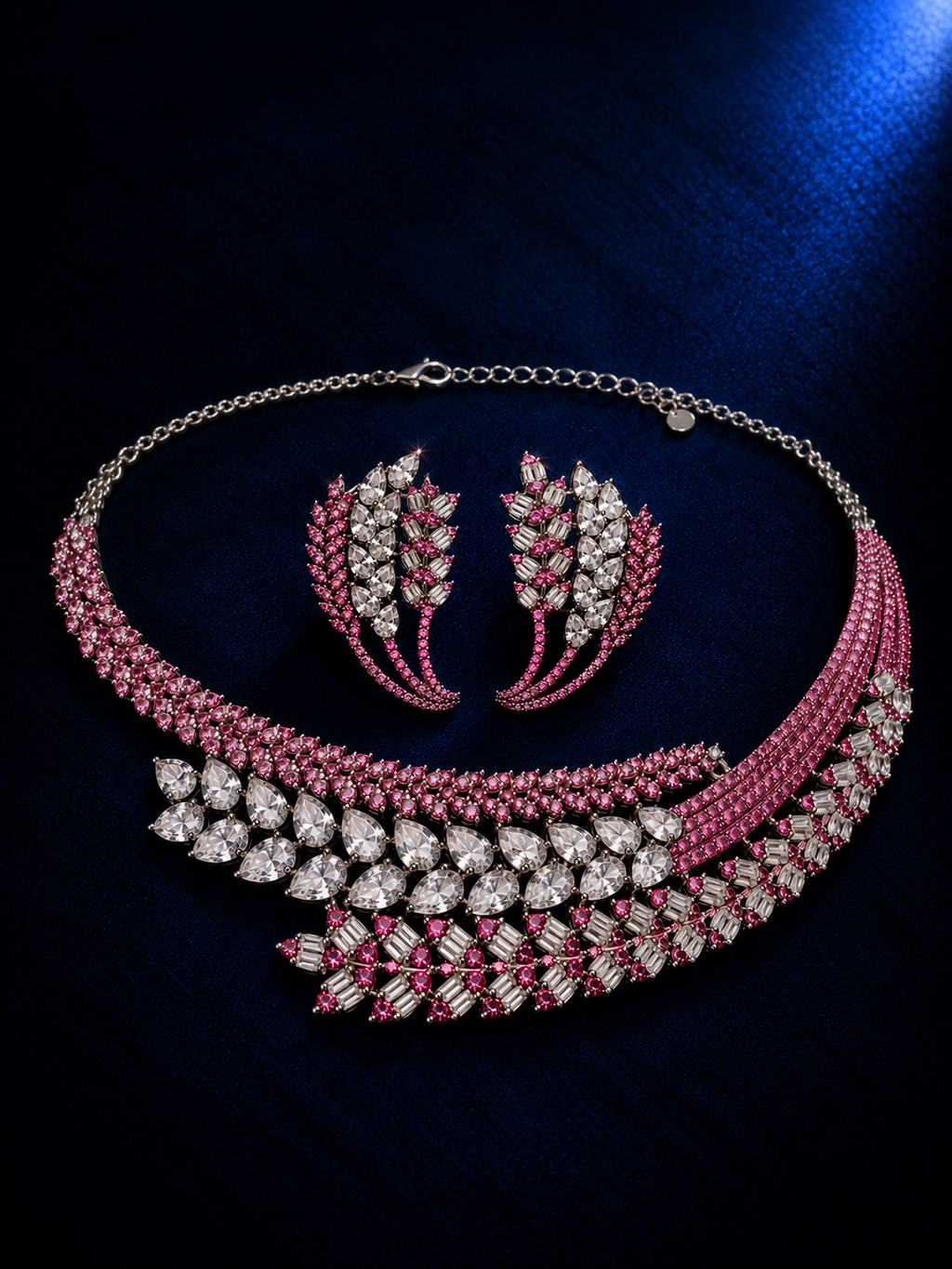 Magenta Cascading Leaf CZ Necklace Set