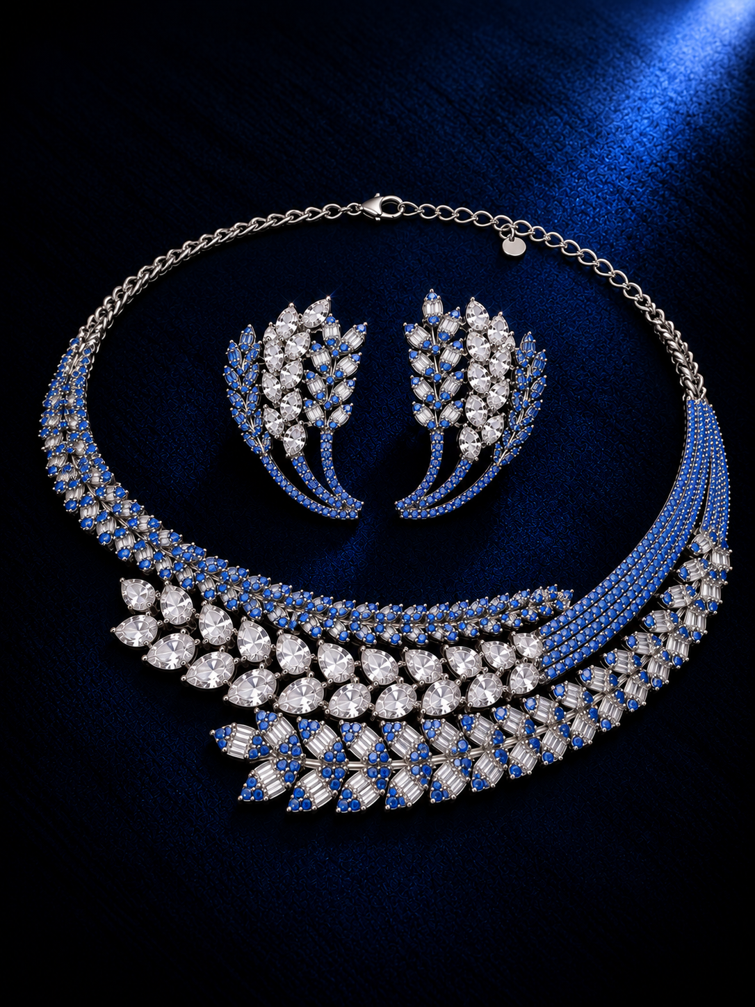Sapphire Blue Cascading Leaf CZ Necklace Set