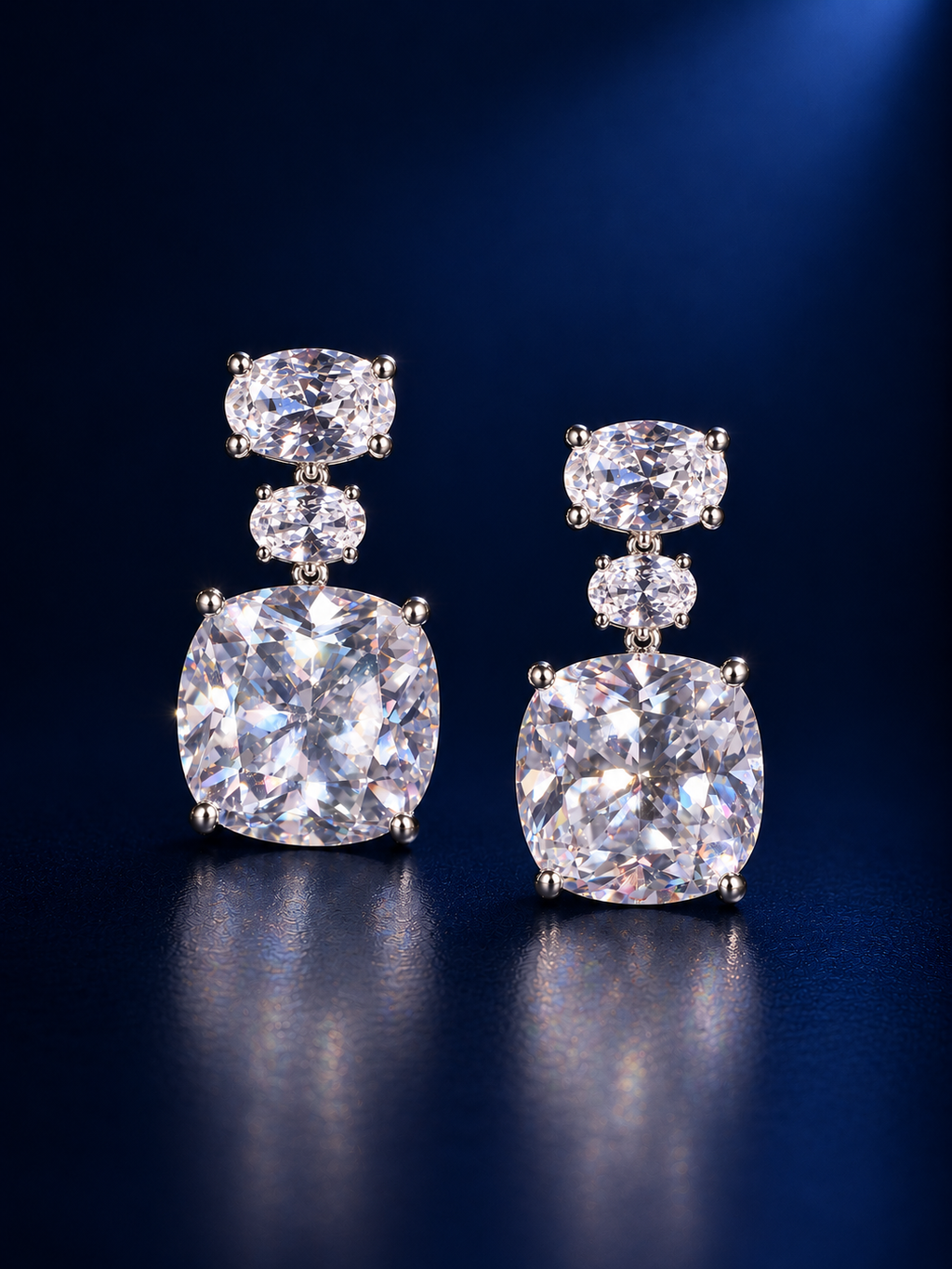 Triple-Stone Cushion Drop Stud Earrings