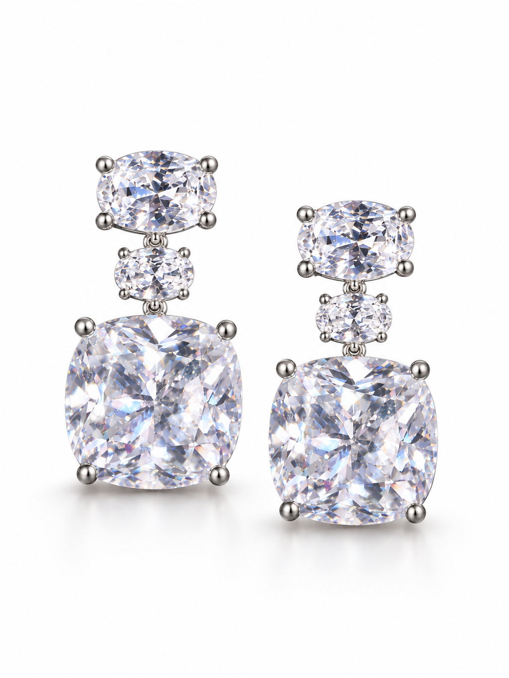 Triple-Stone Cushion Drop Stud Earrings