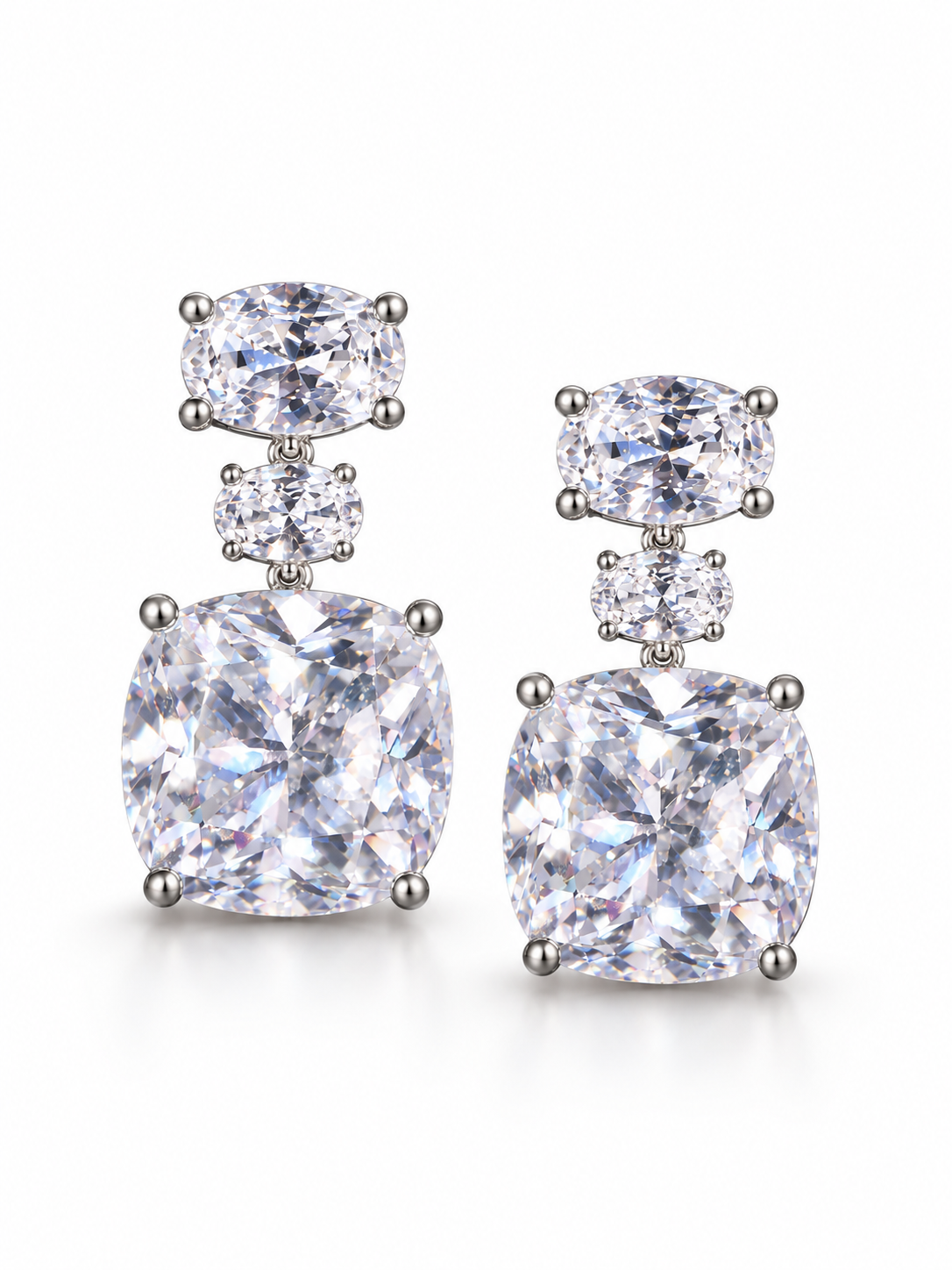 Triple-Stone Cushion Drop Stud Earrings