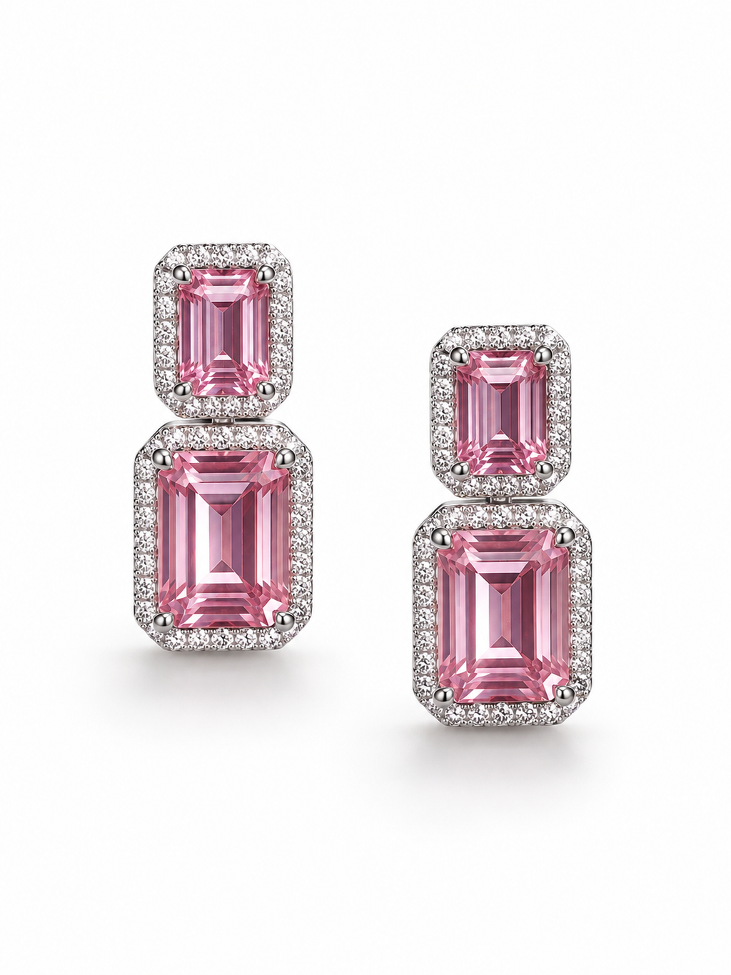 Pink Emerald Cut Double Stone Earrings