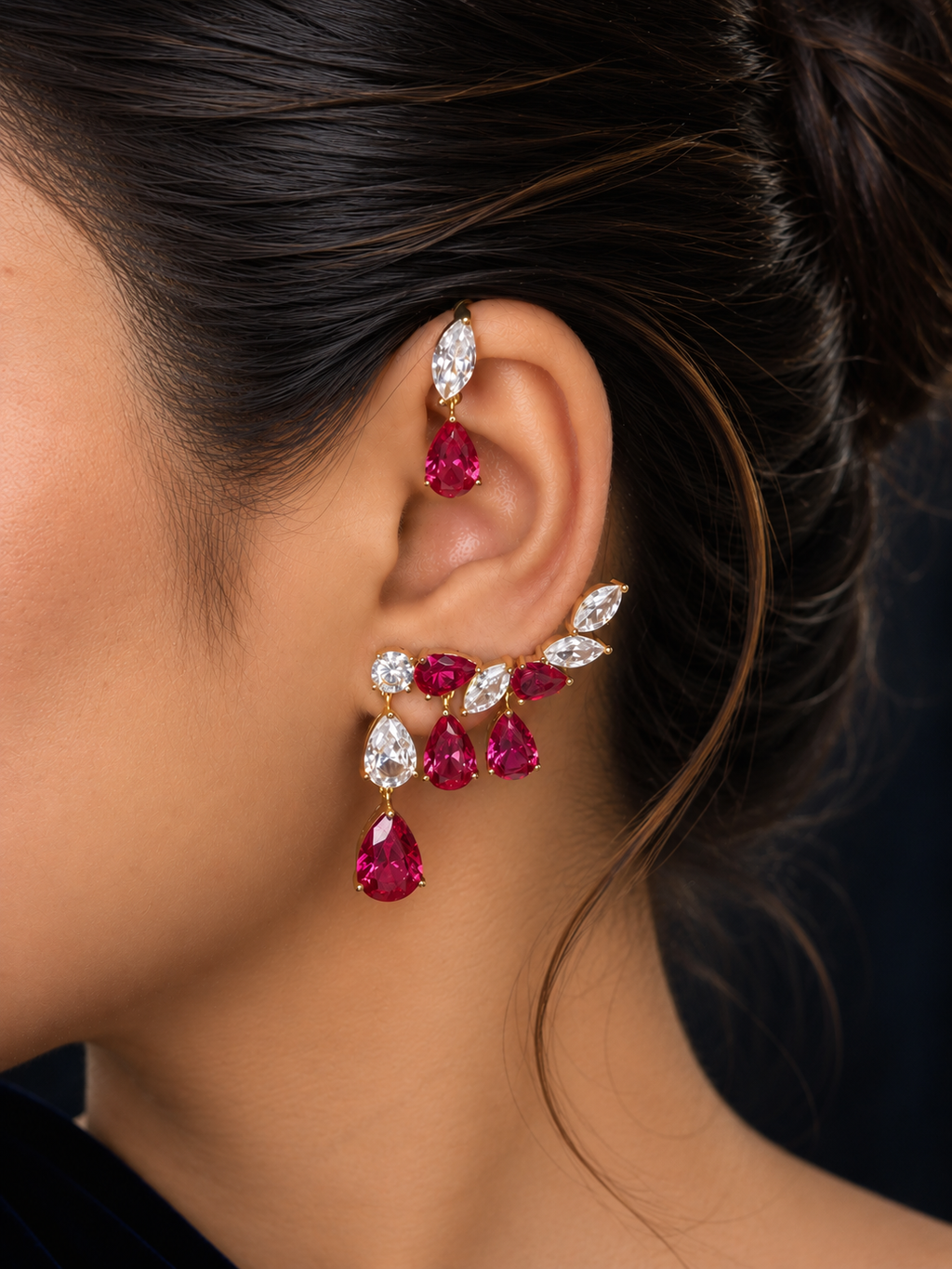 Ruby Leaf Teardrop Earcuffs