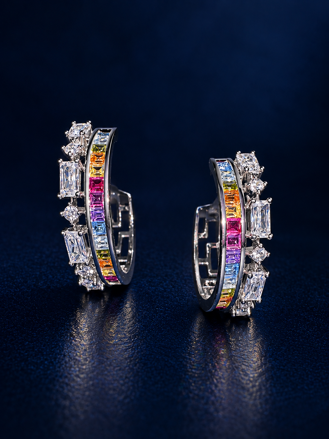 Multicolor Baguette Pave Hoops