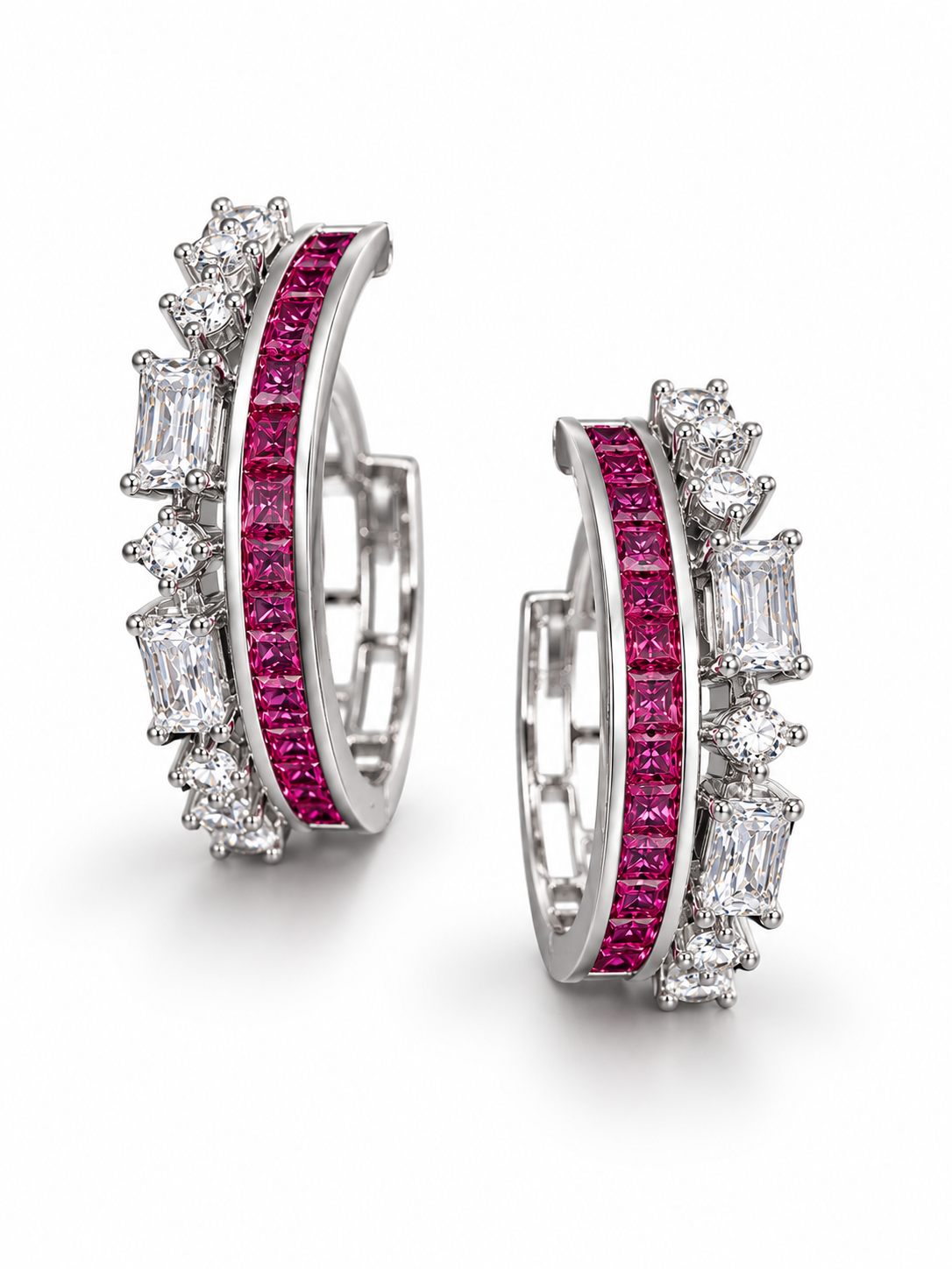 Pink Baguette Pave Hoops