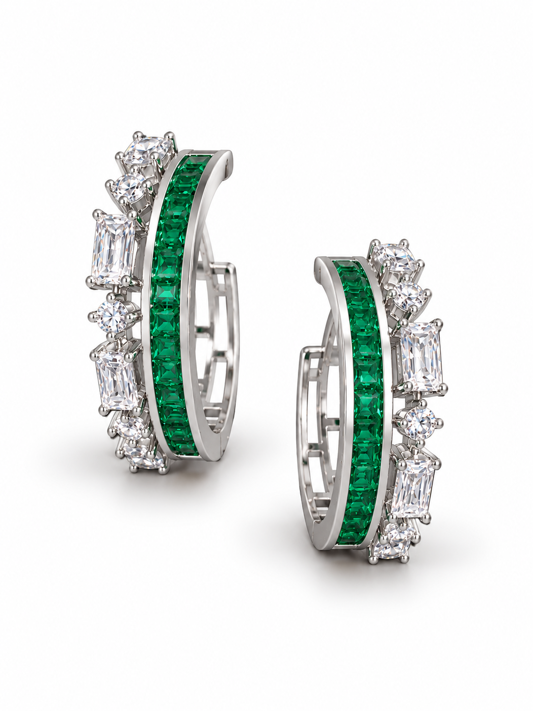 Green Baguette Pave Hoops