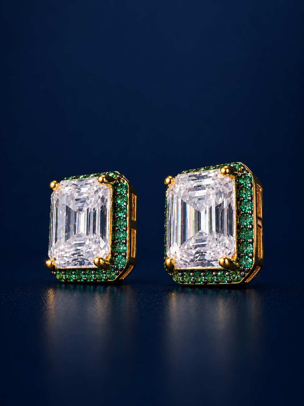 Emerald Cut CZ Green Halo CZ Stud Earrings