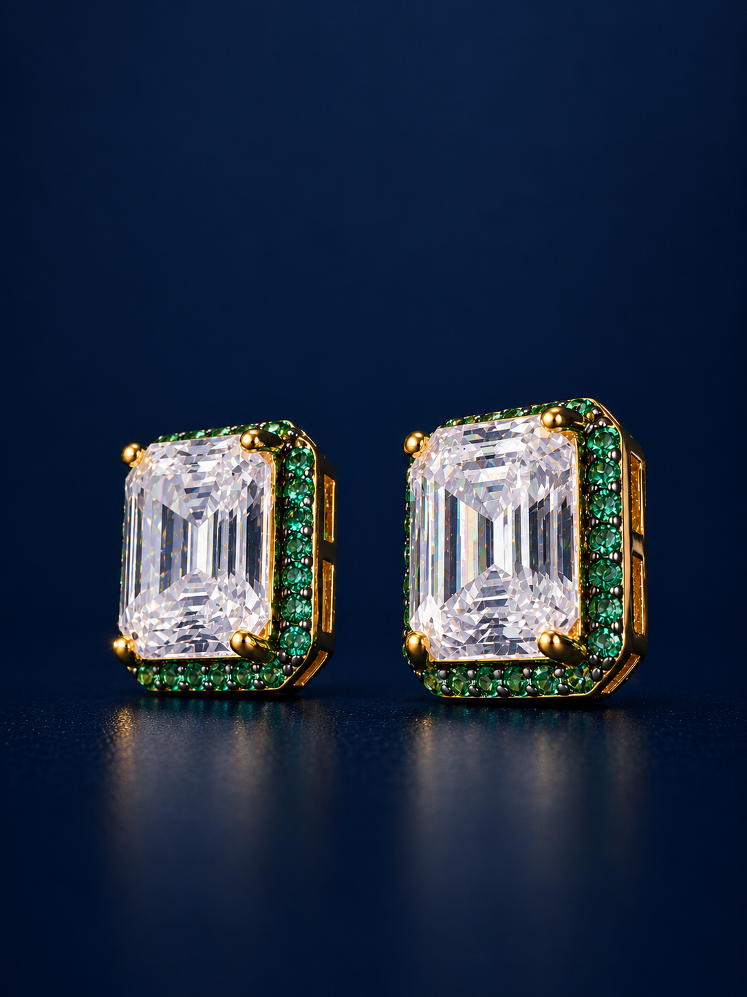 Emerald Cut CZ Green Halo CZ Stud Earrings