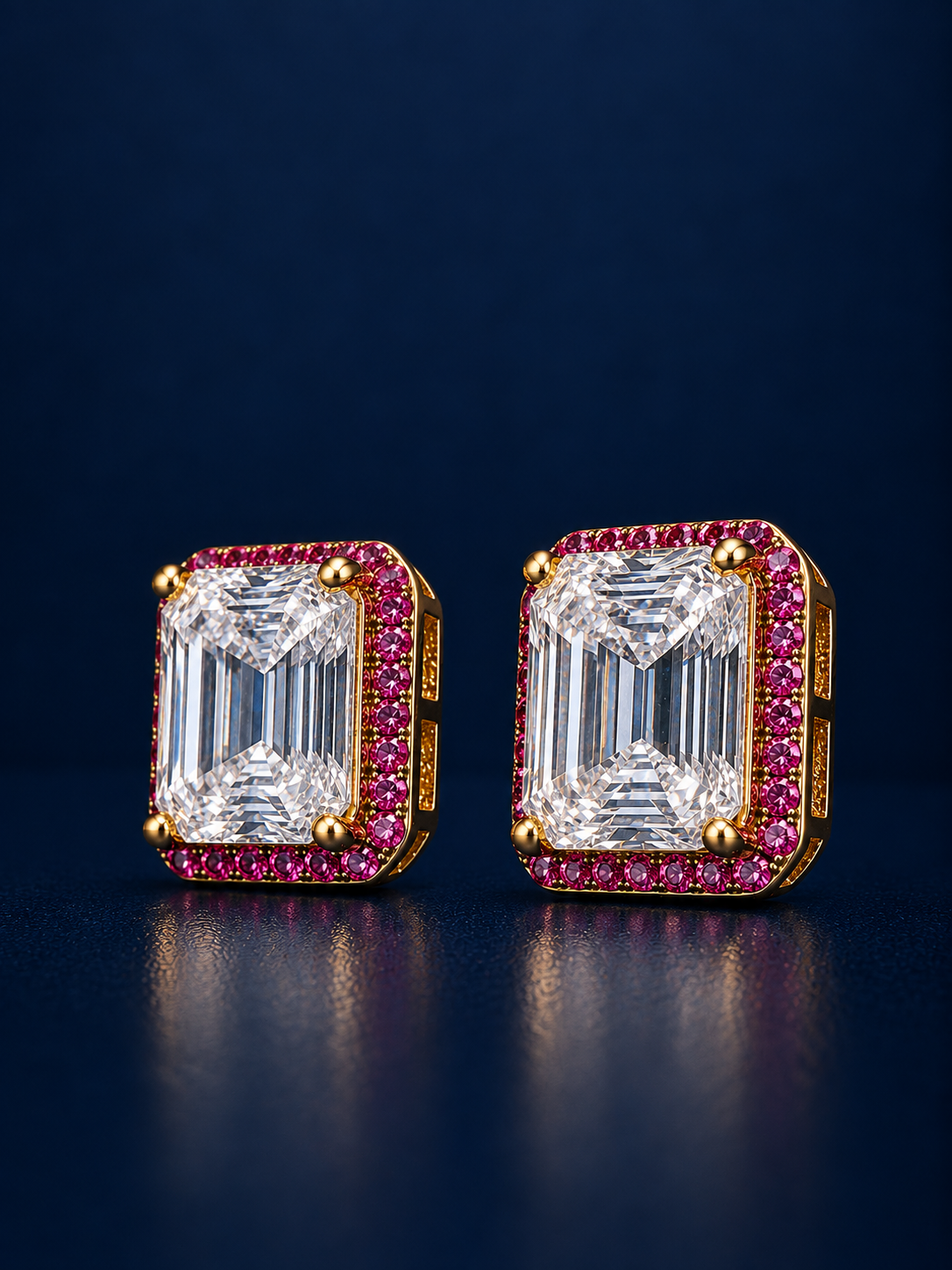 Emerald Cut CZ Pink Halo Stud Earrings