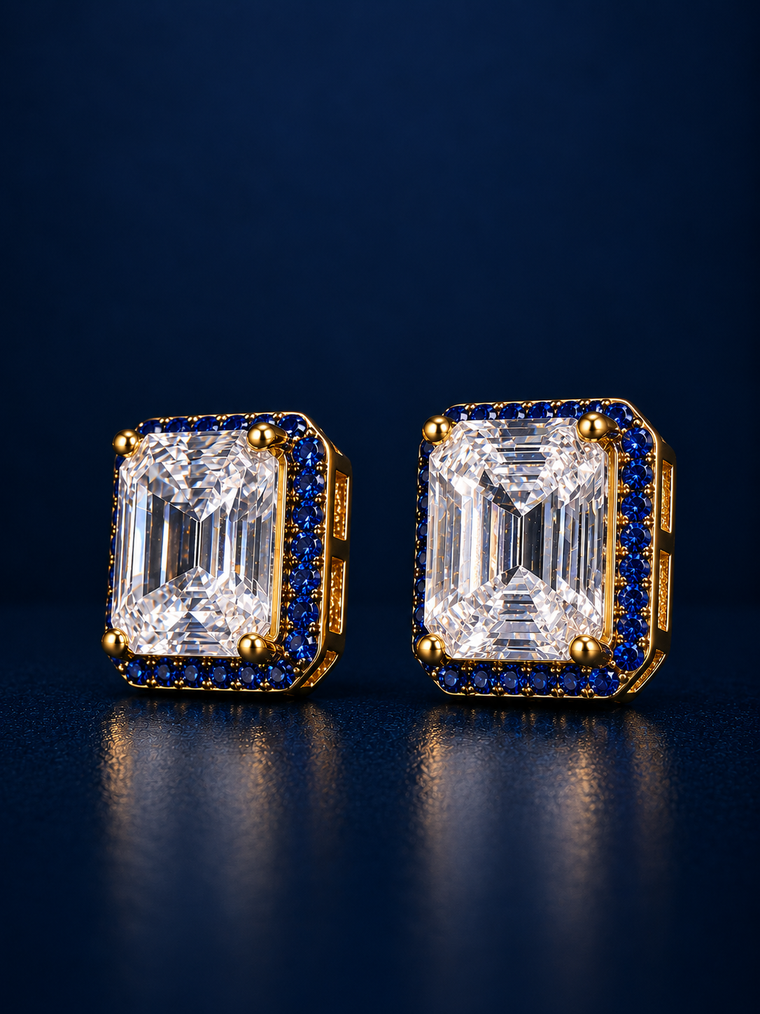 Emerald-Cut CZ Blue Halo Stud Earrings