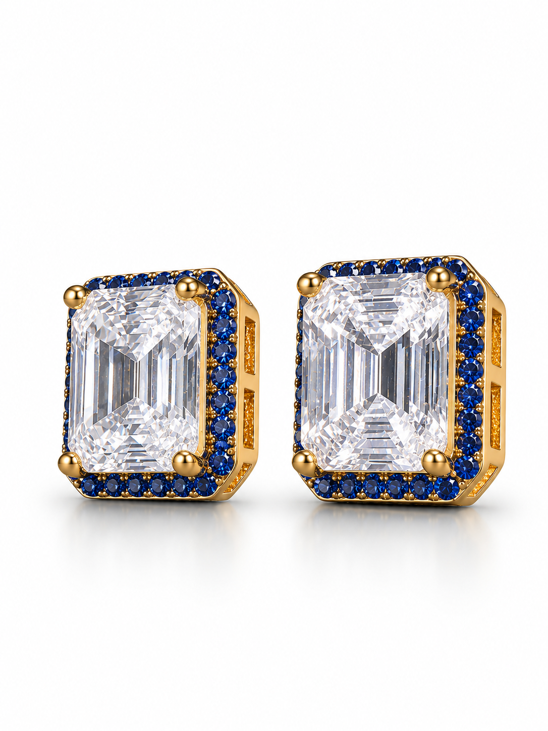 Emerald-Cut CZ Blue Halo Stud Earrings