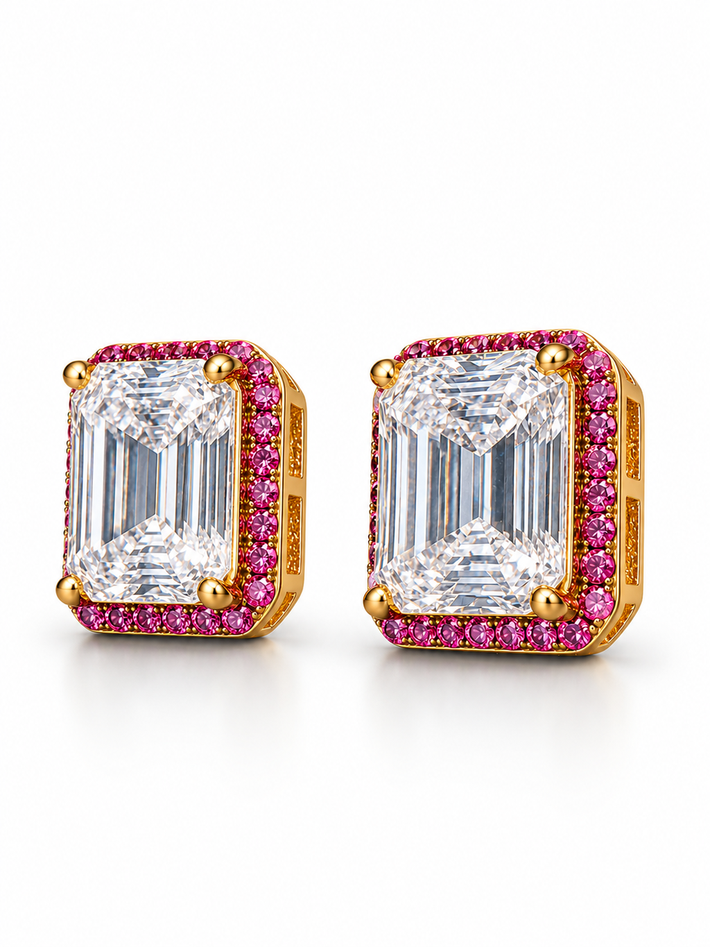 Emerald Cut CZ Pink Halo Stud Earrings