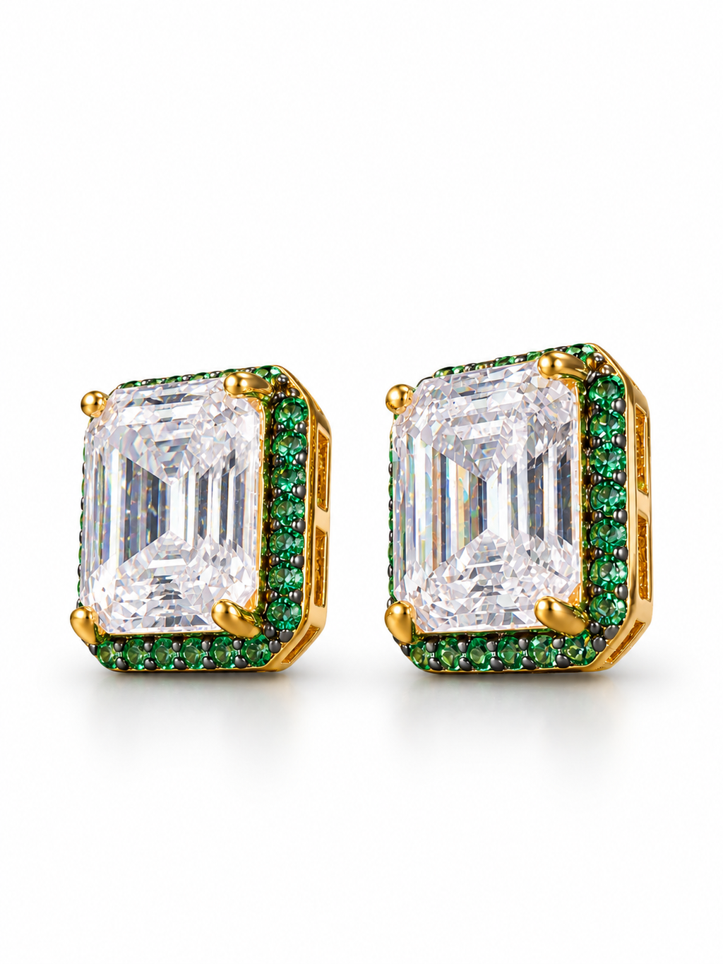 Emerald Cut CZ Green Halo CZ Stud Earrings
