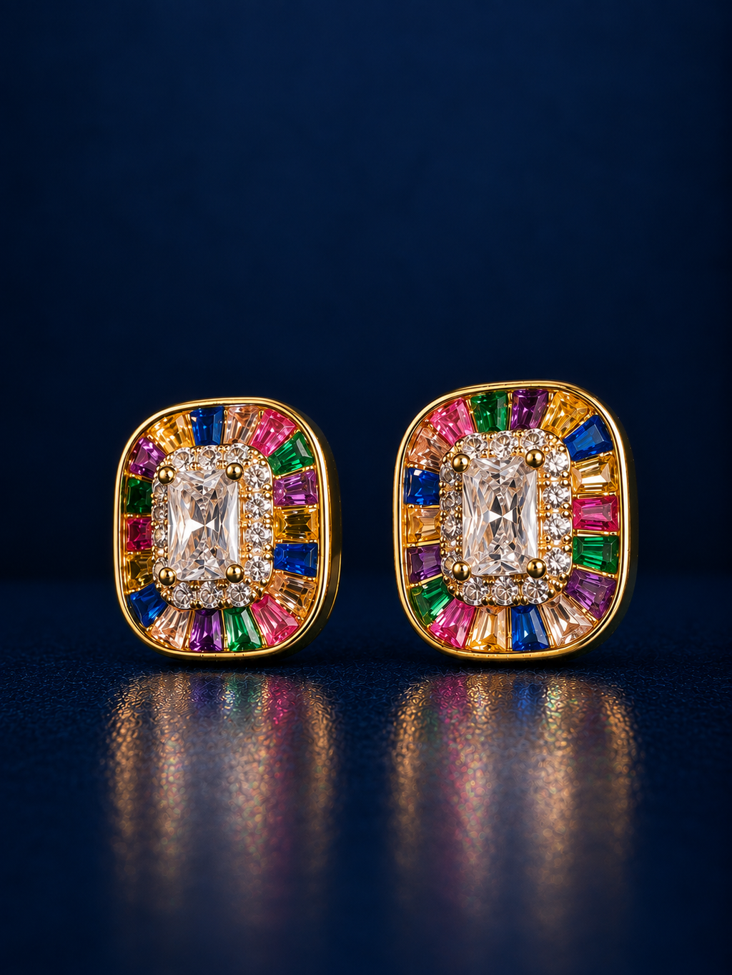 Multicolor Emerald cut Baguette Halo Stud Earrings