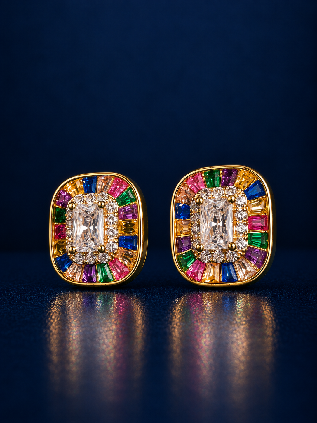 Multicolor Emerald cut Baguette Halo Stud Earrings