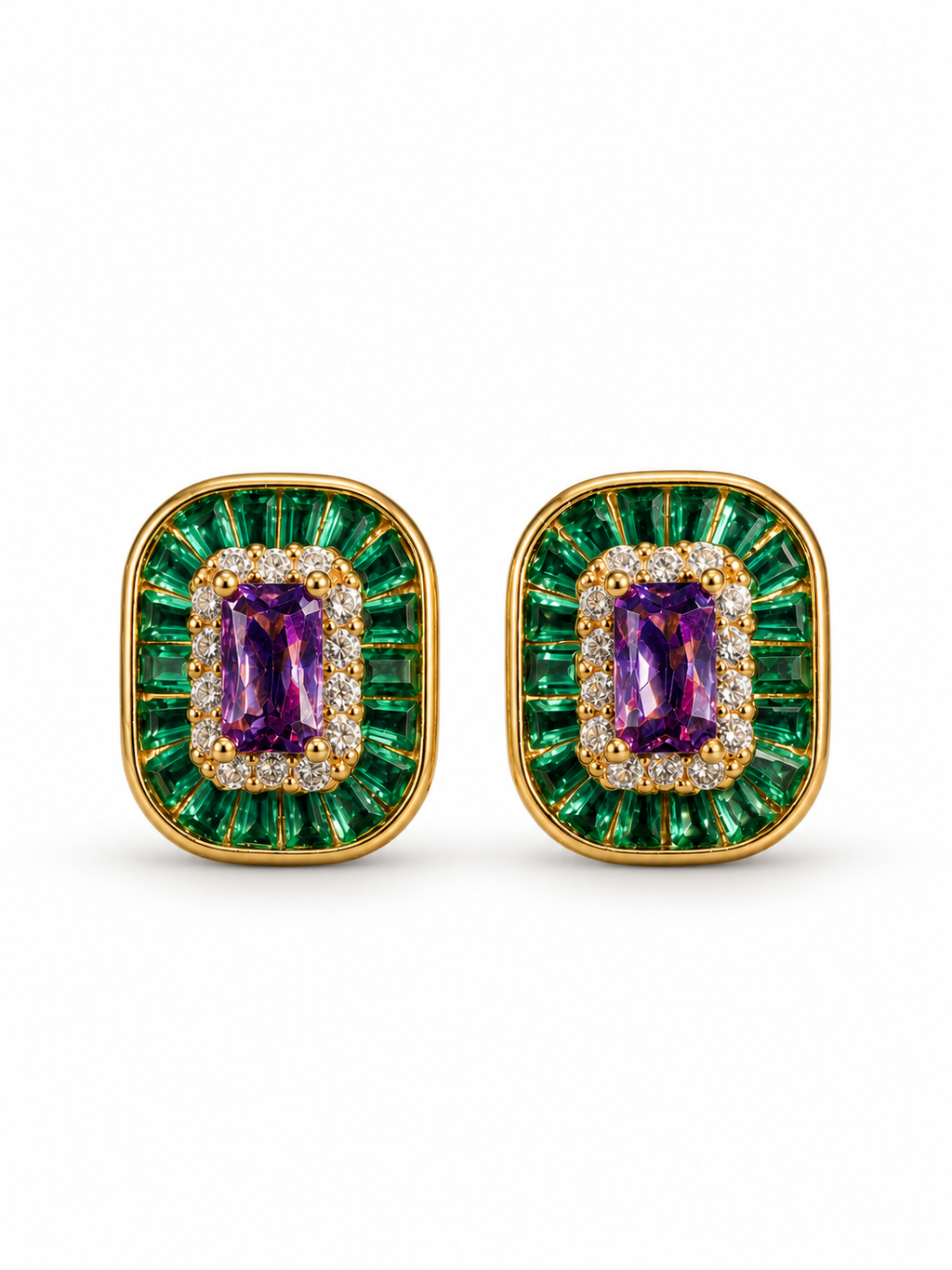 Emerald Cut Baguette Halo Stud Earrings