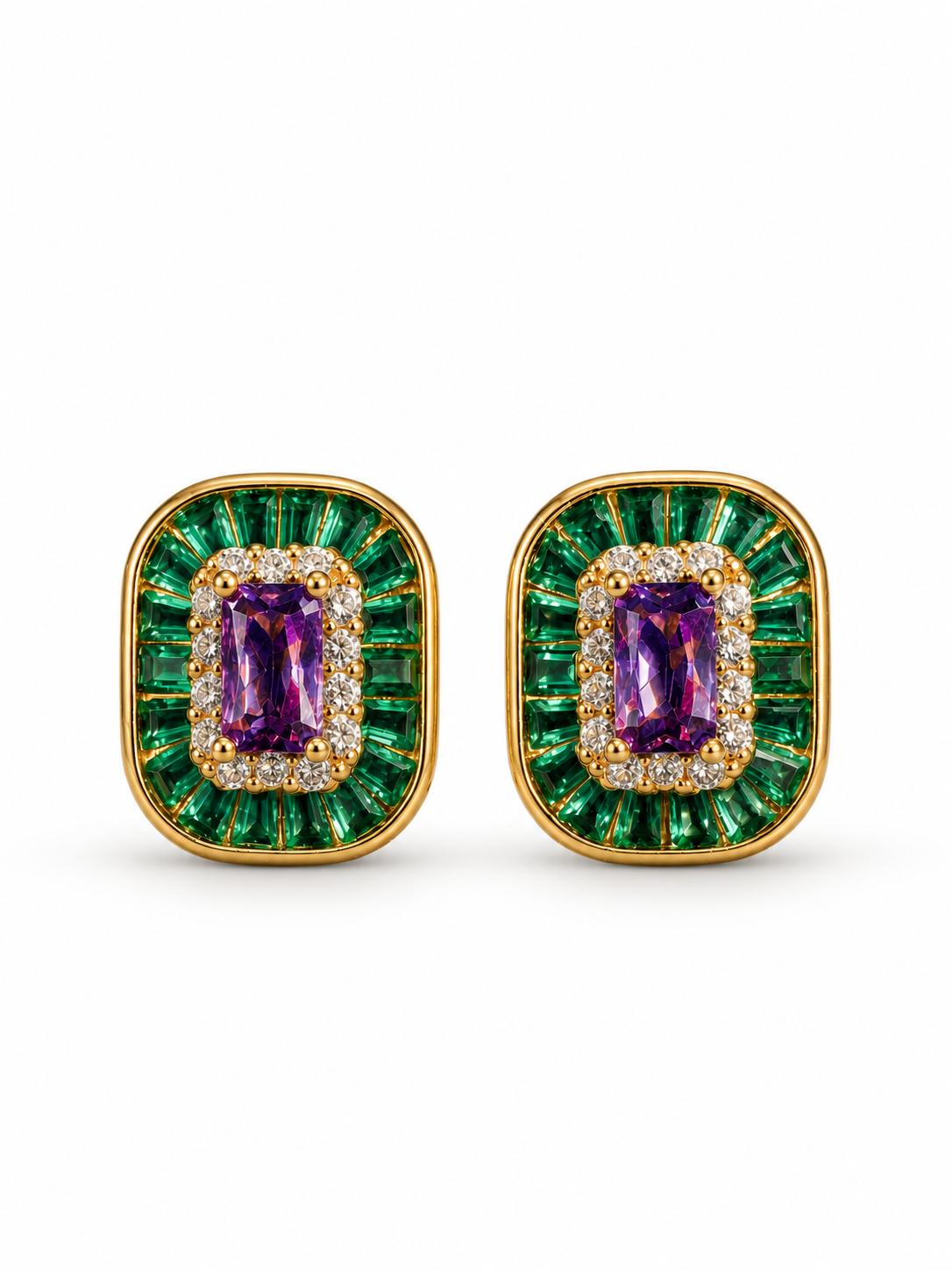 Emerald Cut Baguette Halo Stud Earrings