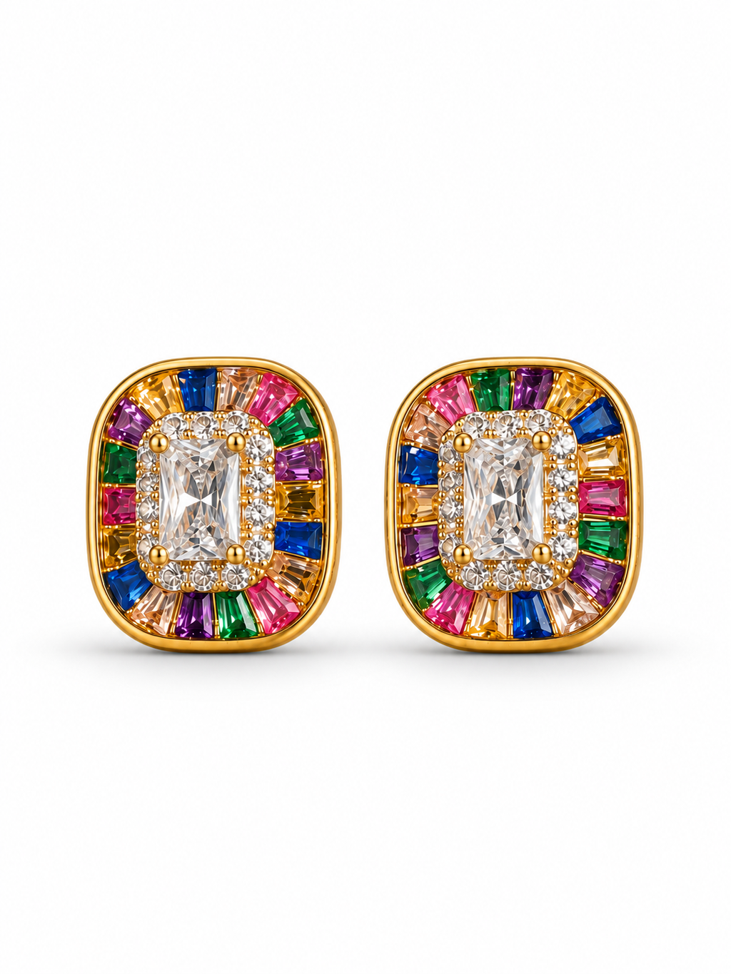 Multicolor Emerald cut Baguette Halo Stud Earrings