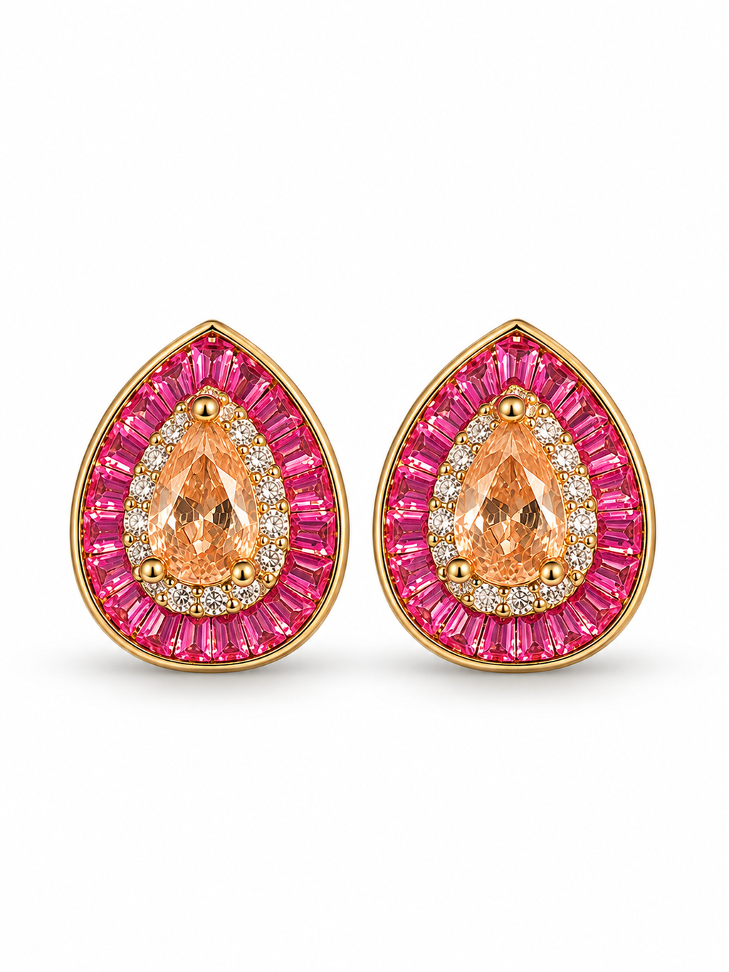 Pear-shaped Baguette Pink Halo Stud Earrings