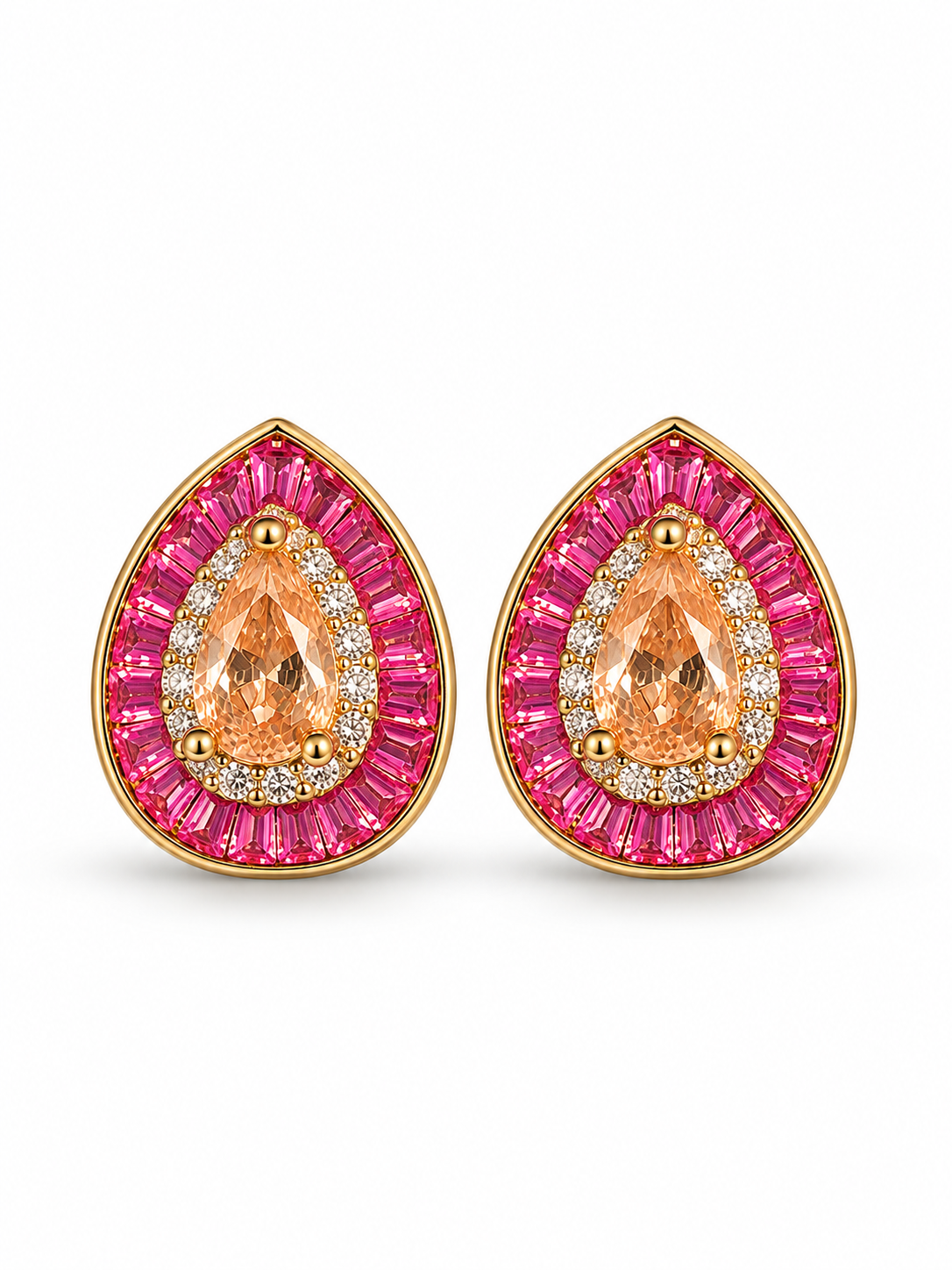 Pear-shaped Baguette Pink Halo Stud Earrings