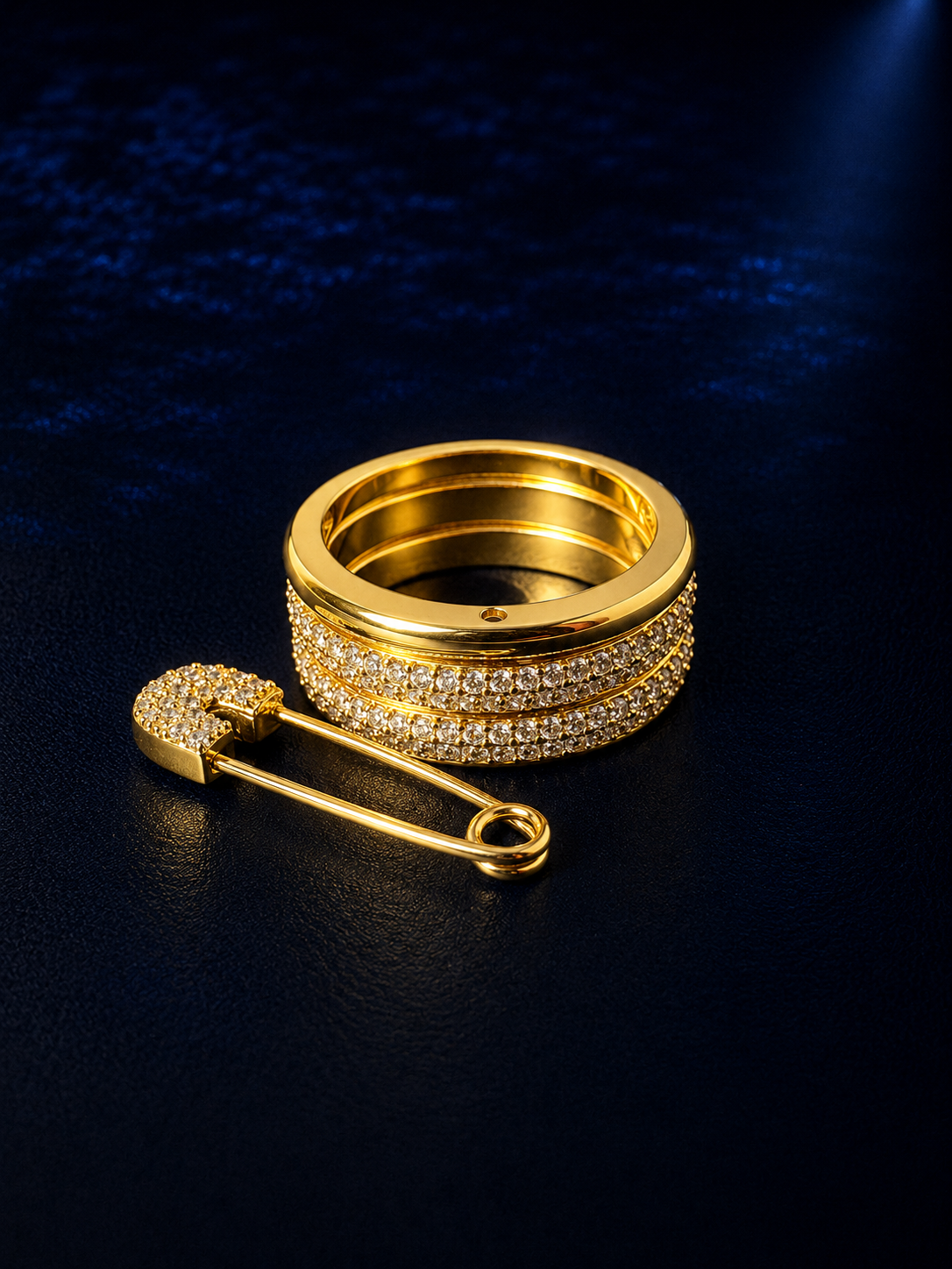 Triple-Band Pavé Safety Pin Ring