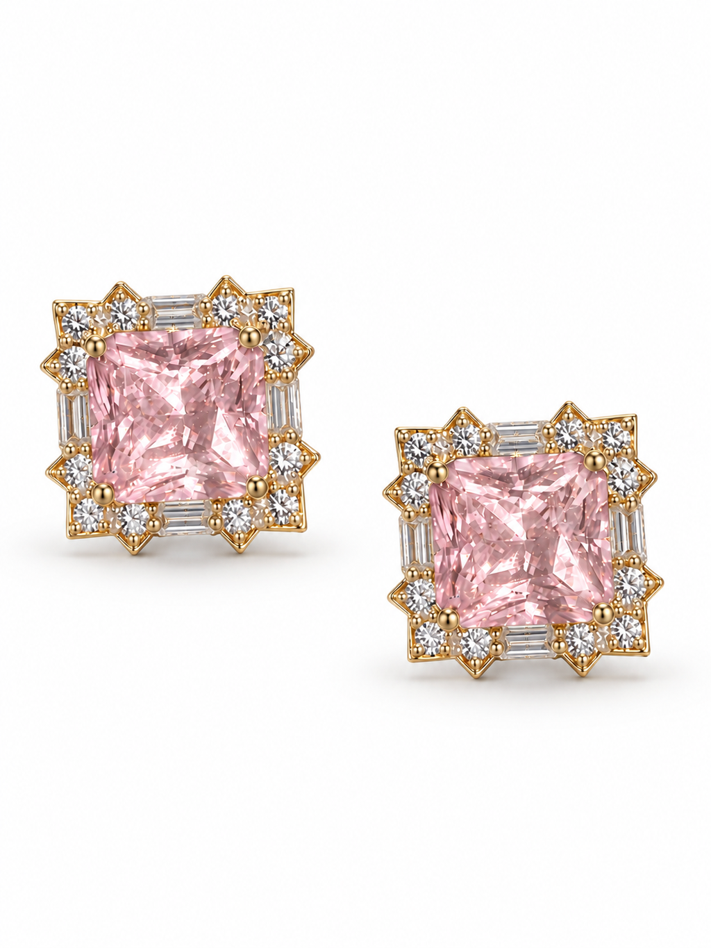 Pink Cushion Cut CZ Halo Statement Stud Earrings