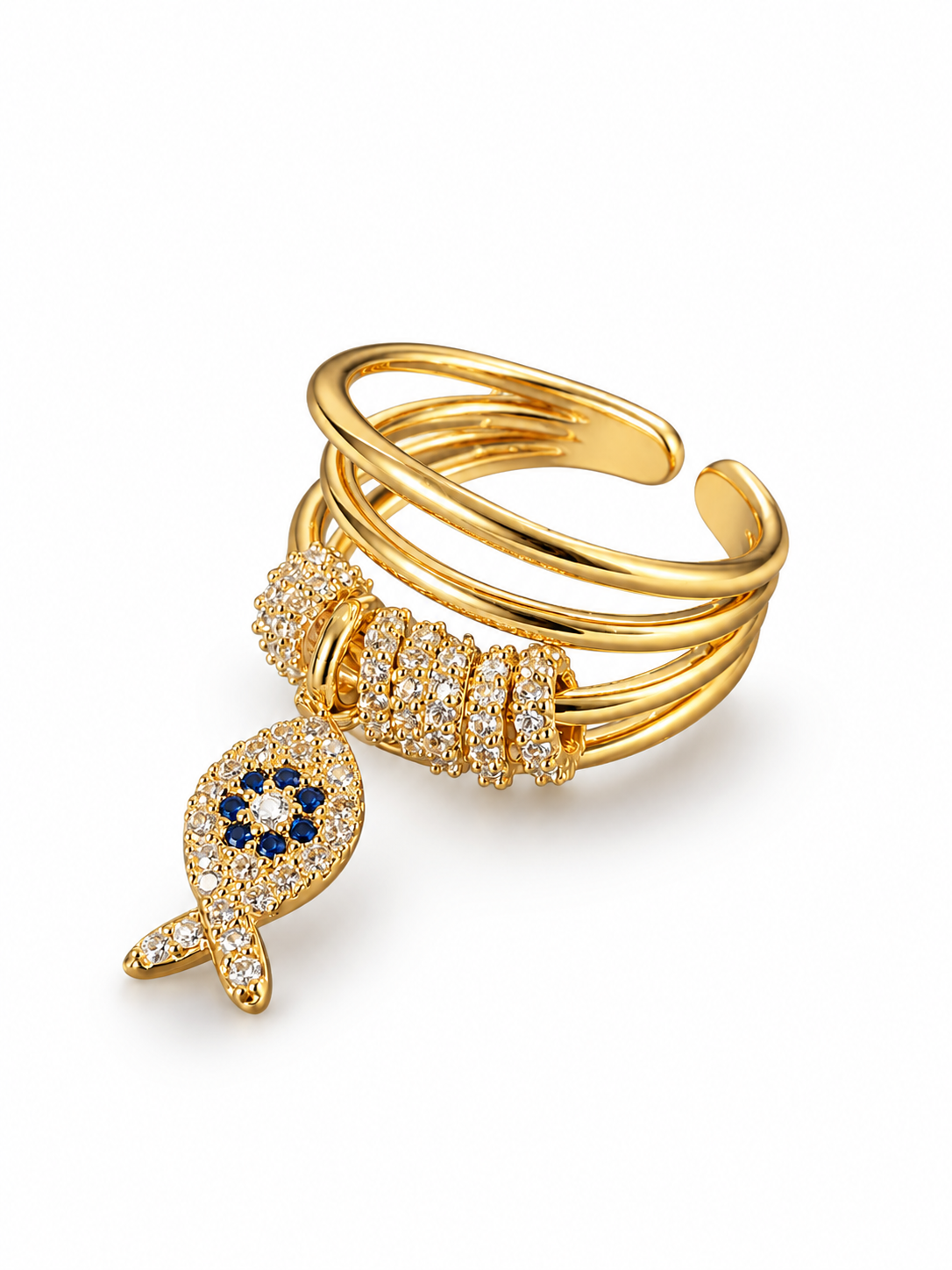 Multi-Band Pavé Fish Charm Ring