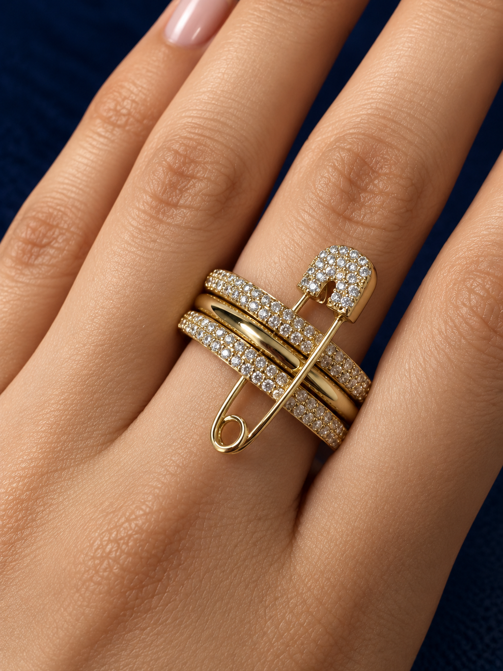 Triple-Band Pavé Safety Pin Ring