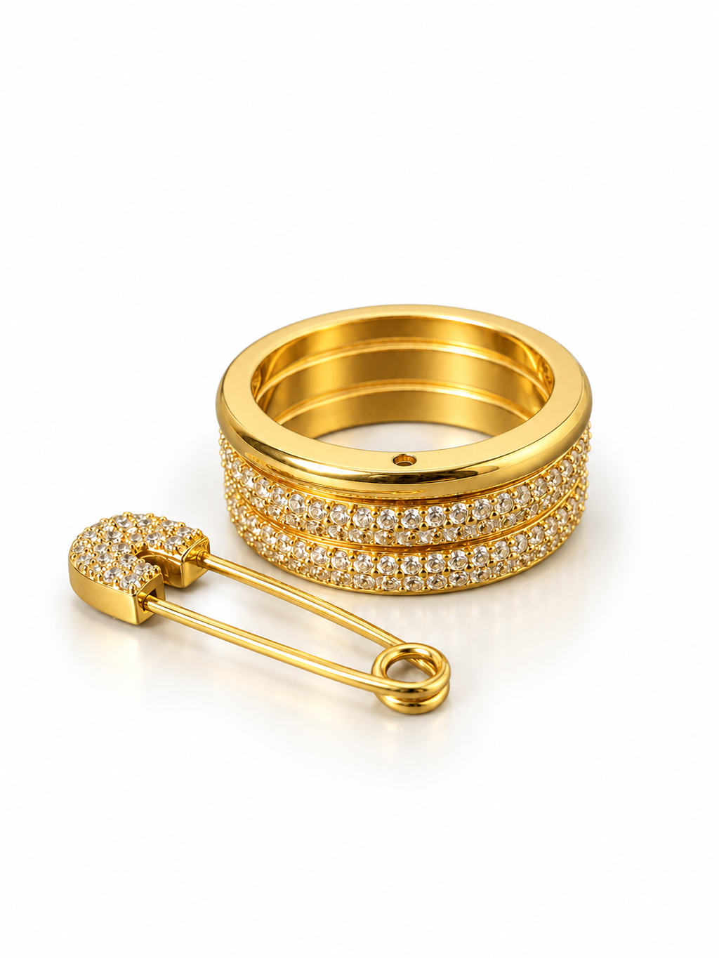 Triple-Band Pavé Safety Pin Ring