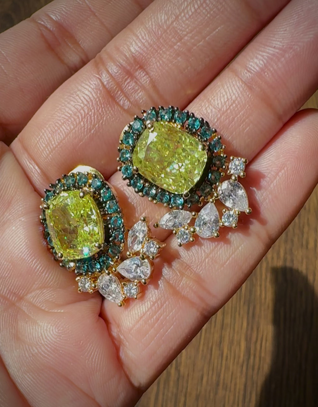 Yellow Citrine Green Halo Statement Earrings