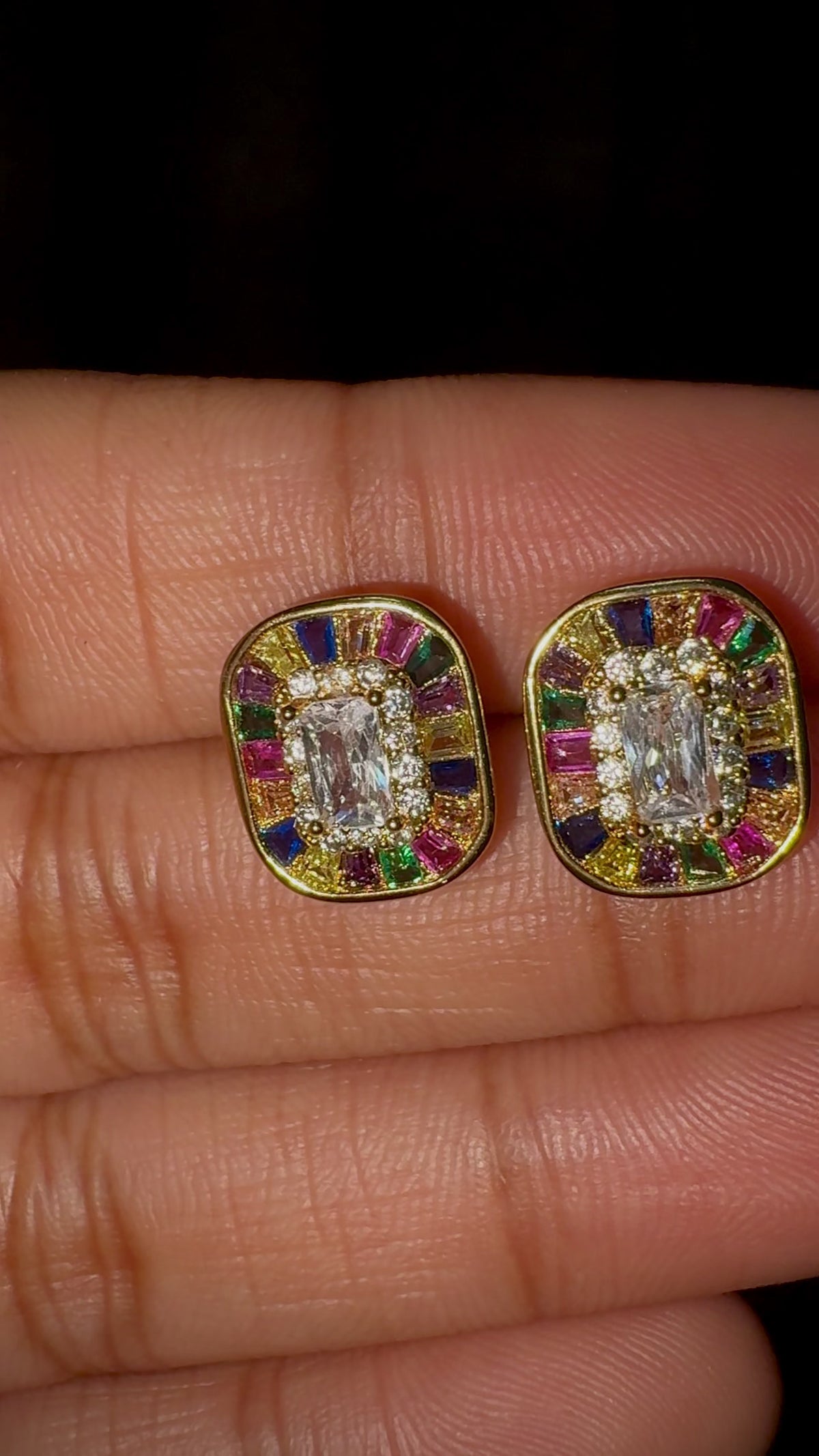Multicolor Emerald cut Baguette Halo Stud Earrings
