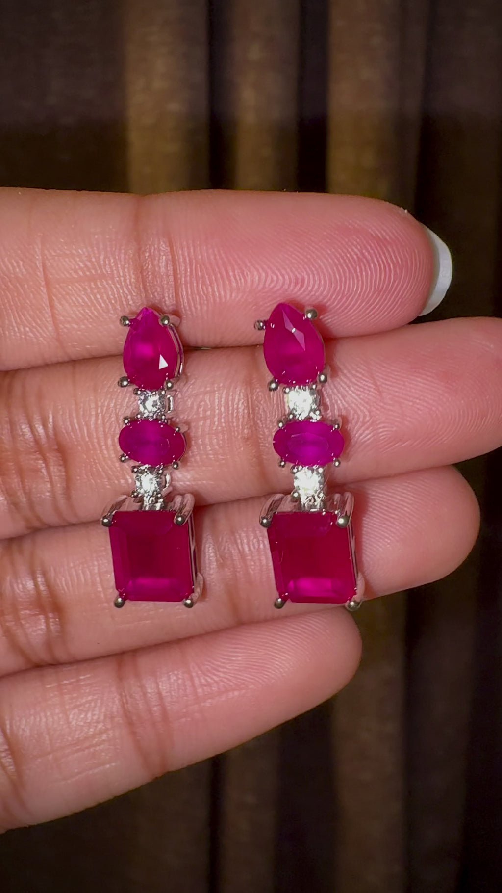 Magenta Emerald-Cut Drop Earrings