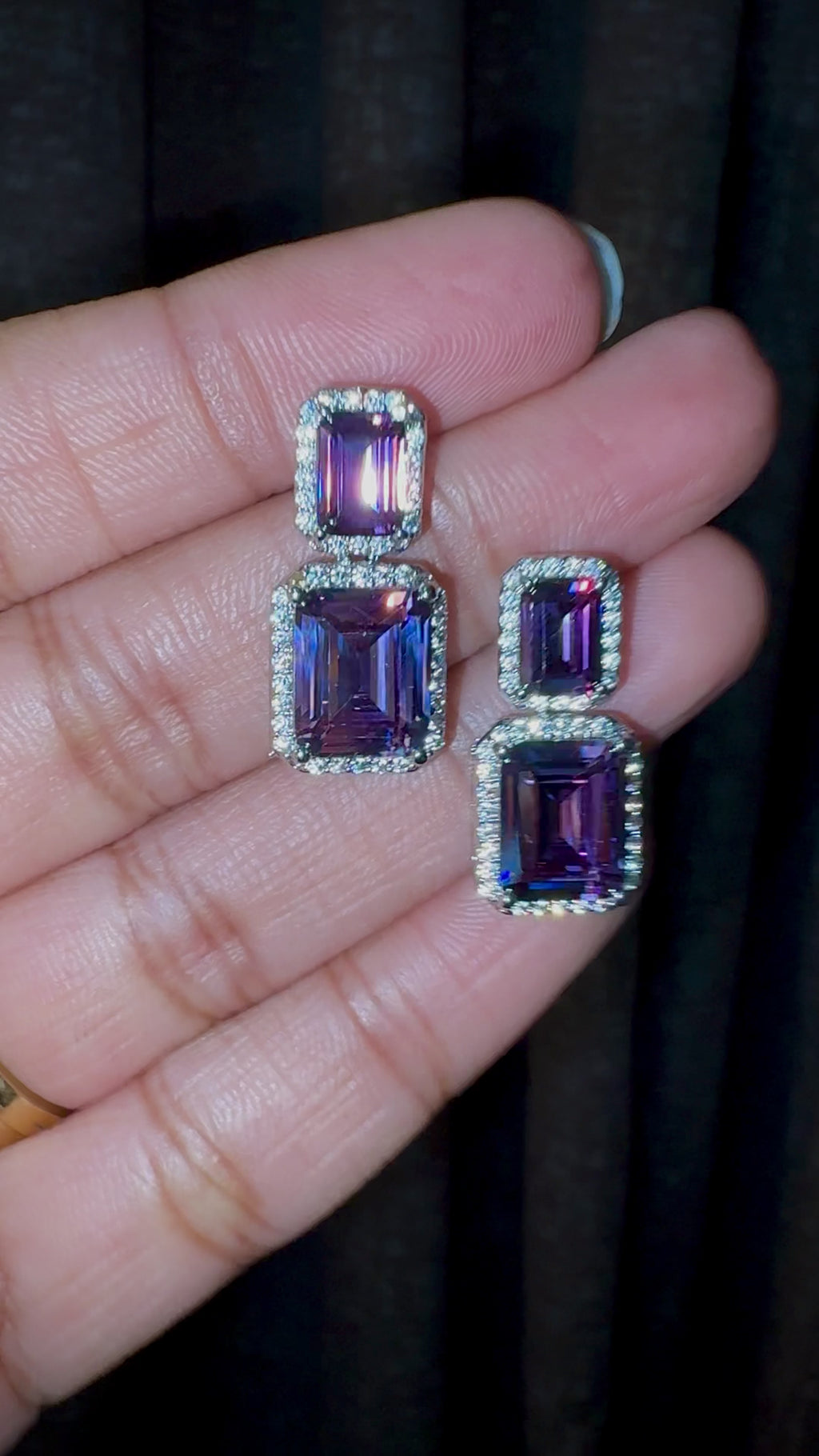 Purple Emerald cut double stone Earrings