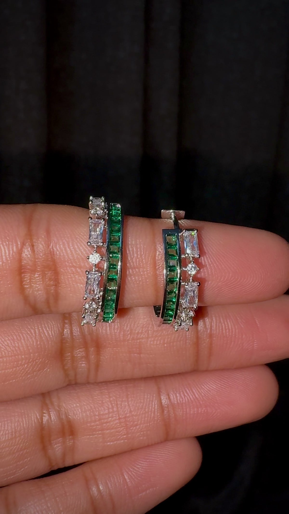 Green Baguette Pave Hoops