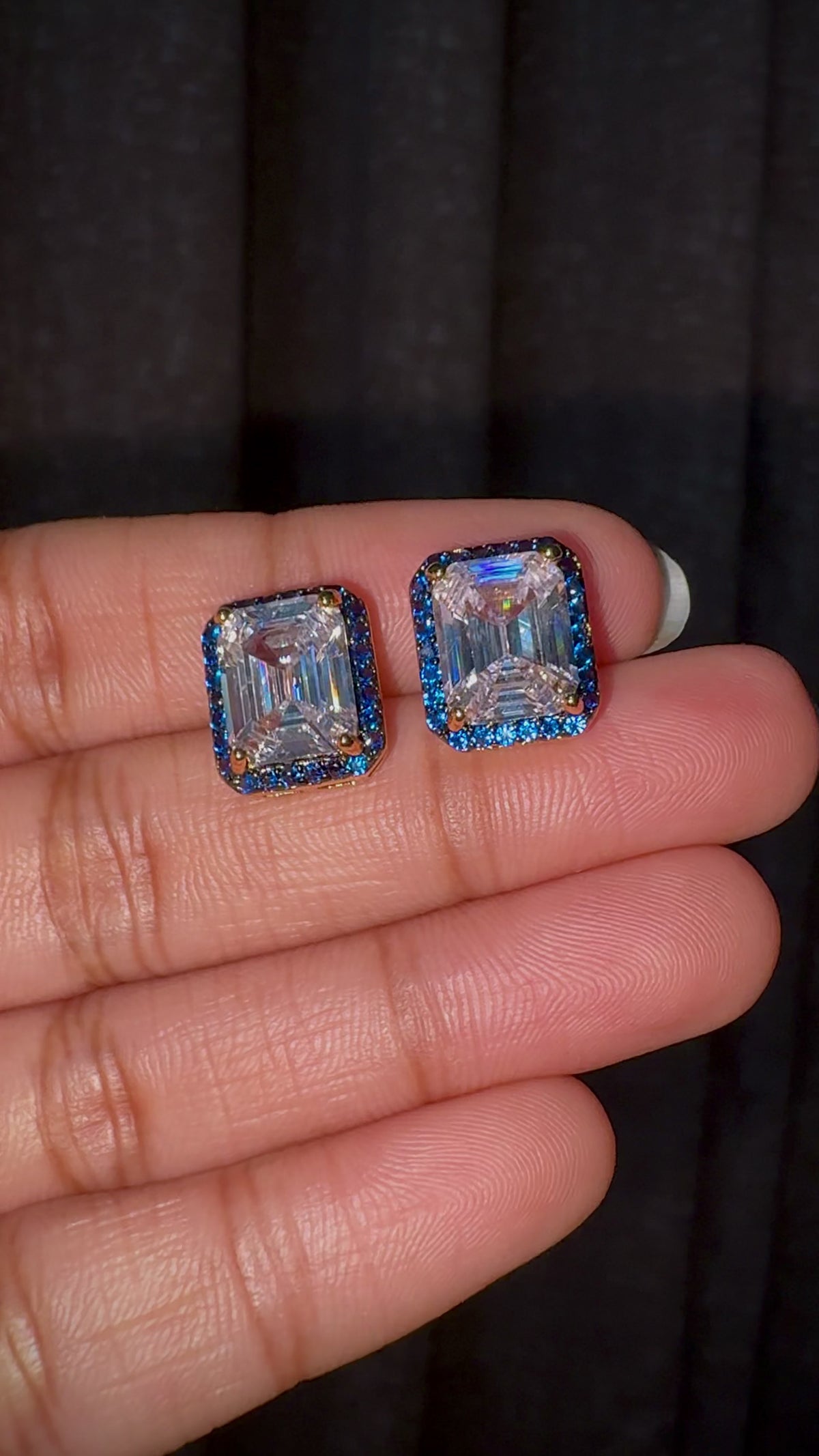 Emerald-Cut CZ Blue Halo Stud Earrings