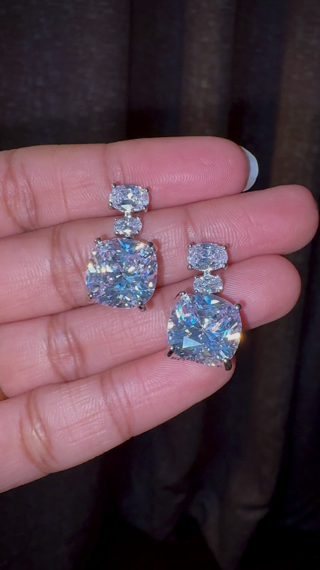 Triple-Stone Cushion Drop Stud Earrings