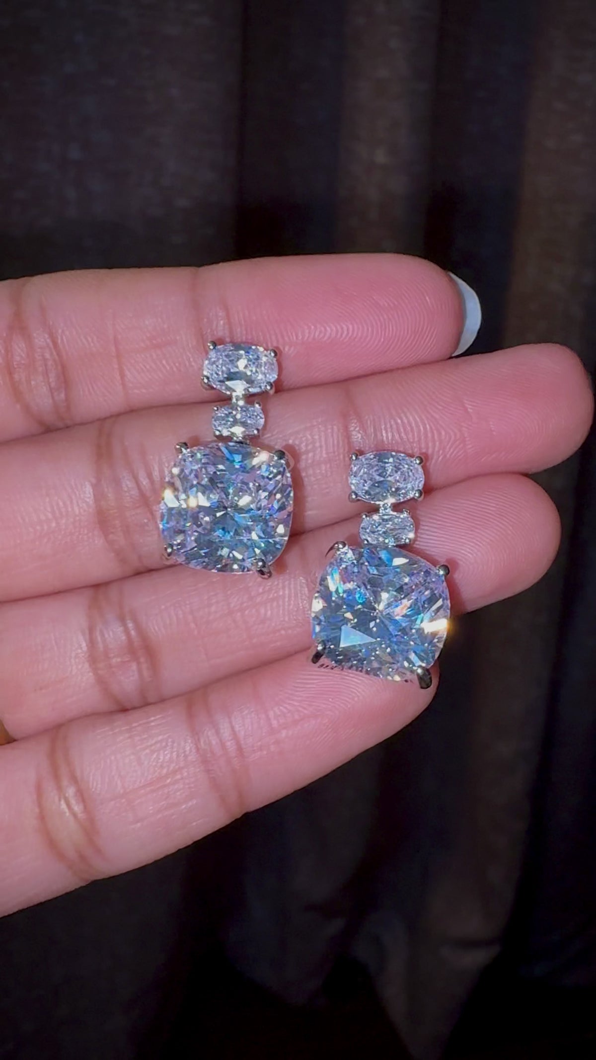 Triple-Stone Cushion Drop Stud Earrings