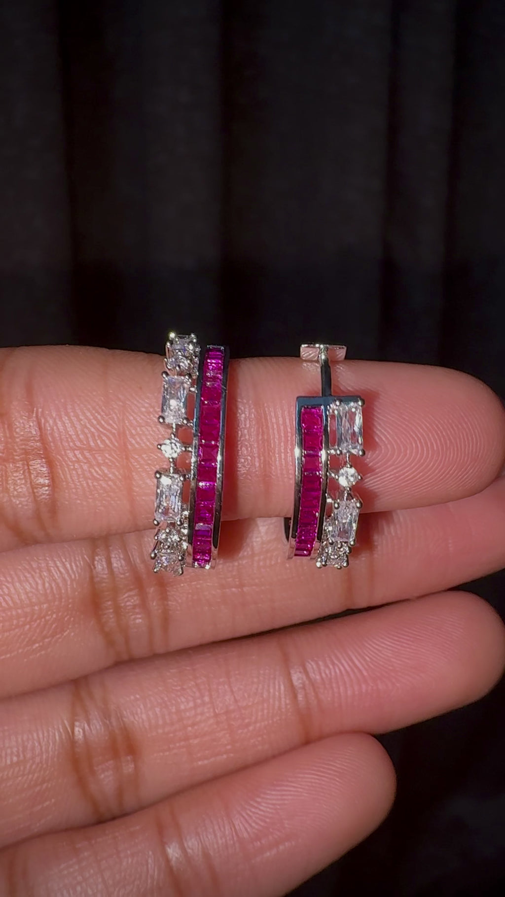 Pink Baguette Pave Hoops