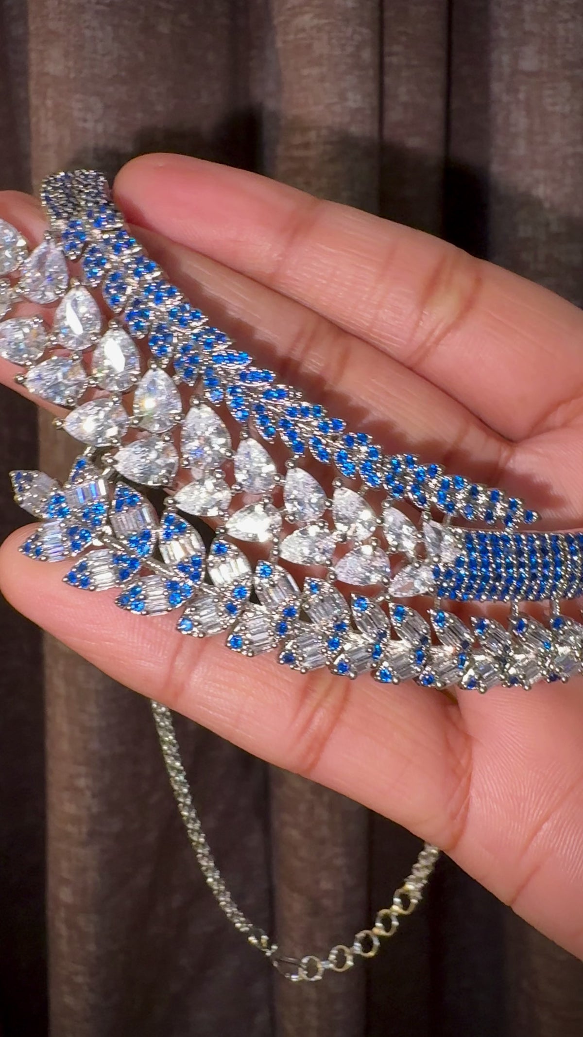 Sapphire Blue Cascading Leaf CZ Necklace Set