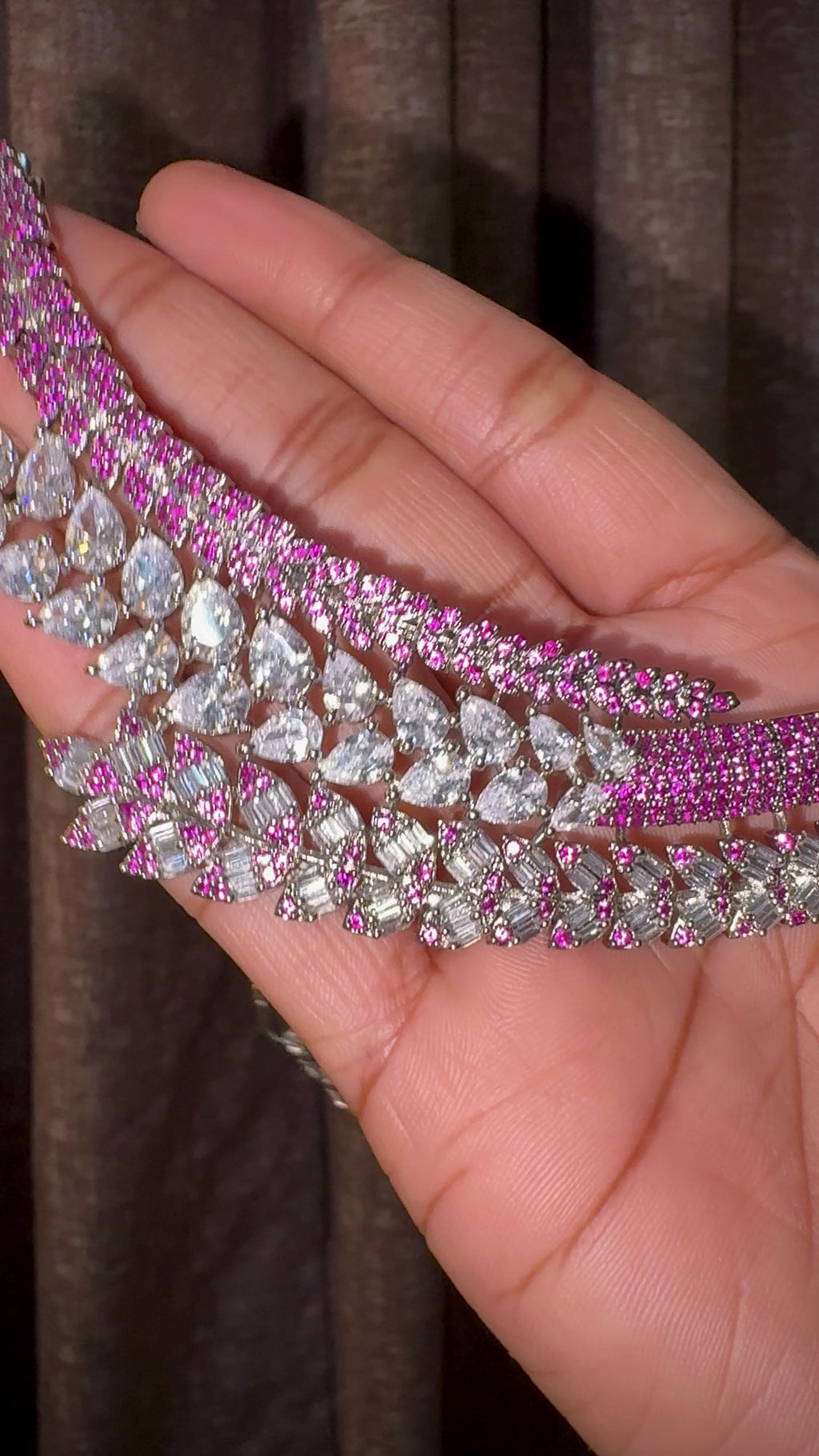 Magenta Cascading Leaf CZ Necklace Set