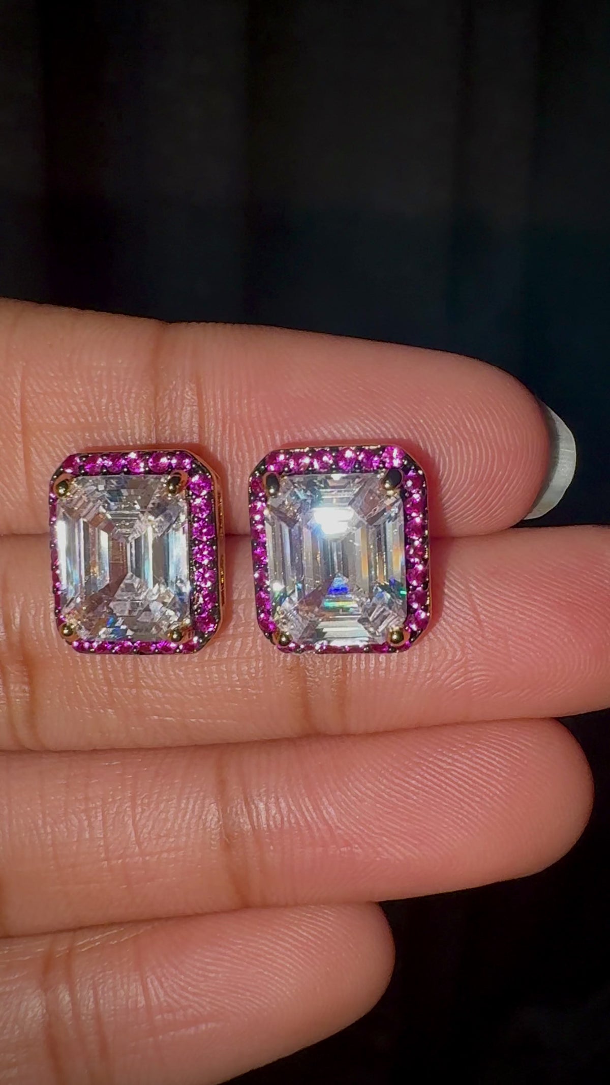 Emerald Cut CZ Pink Halo Stud Earrings