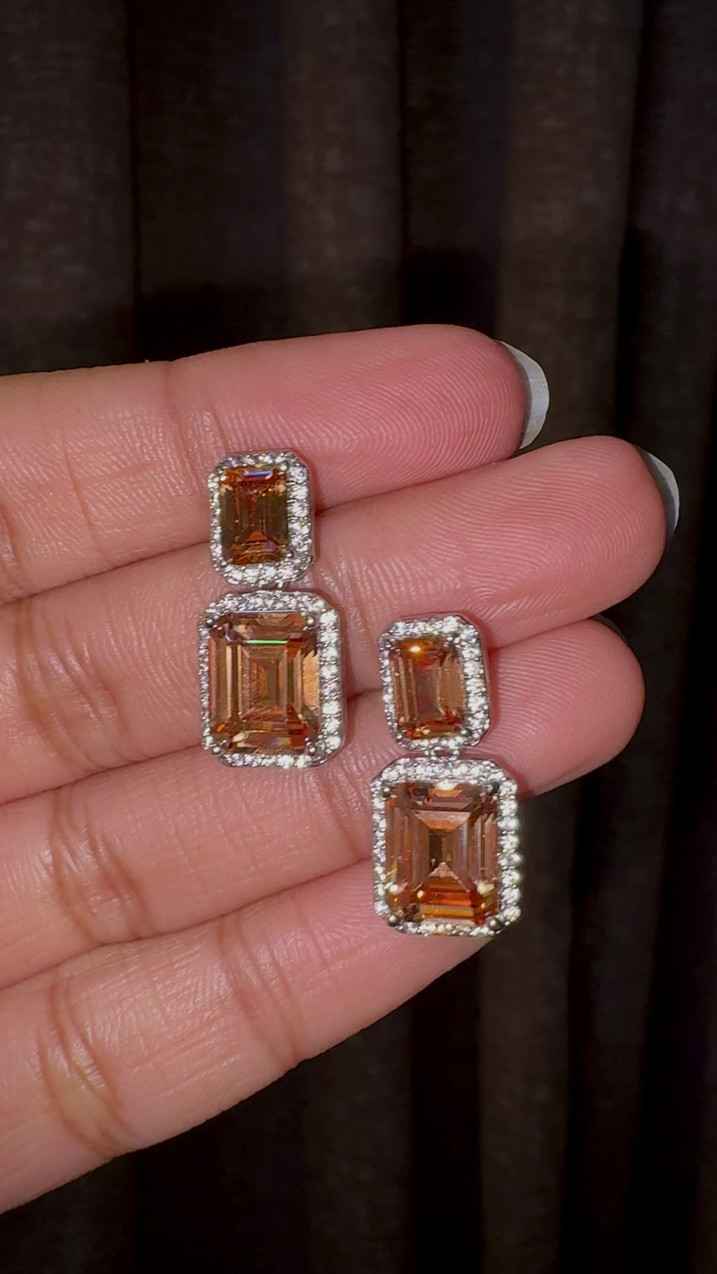 Champagne Emerald Cut Double Stone Earrings
