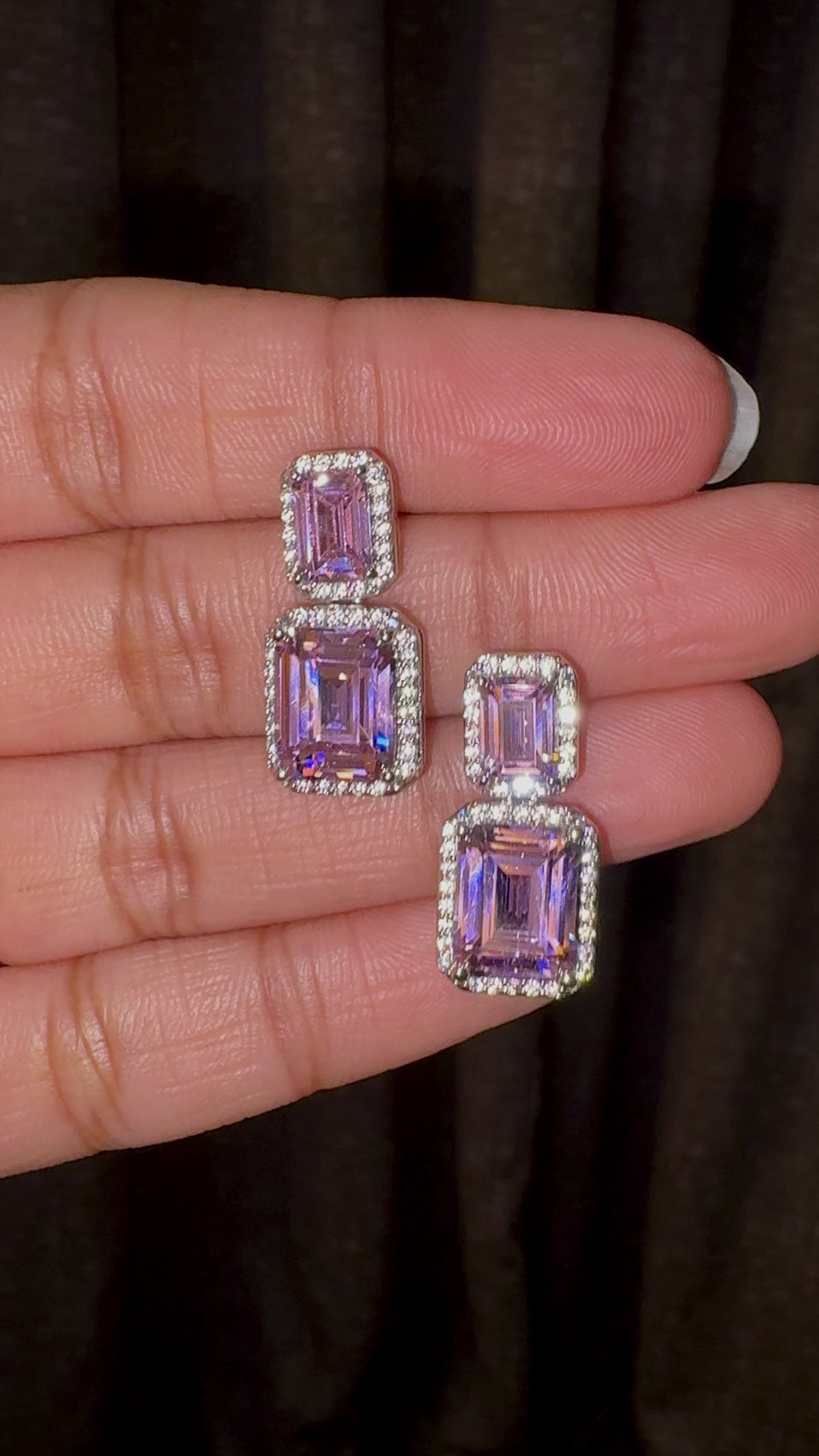 Pink Emerald Cut Double Stone Earrings