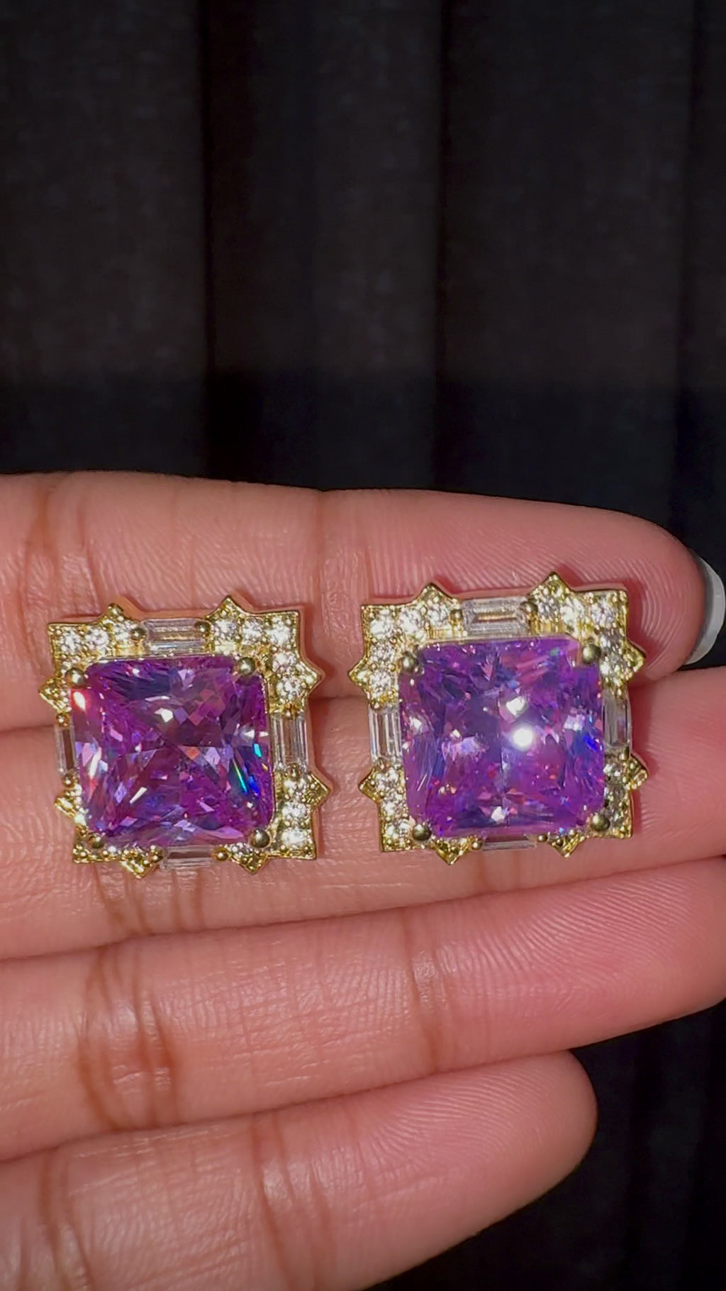 Purple Cushion Cut CZ Halo Statement Stud Earrings