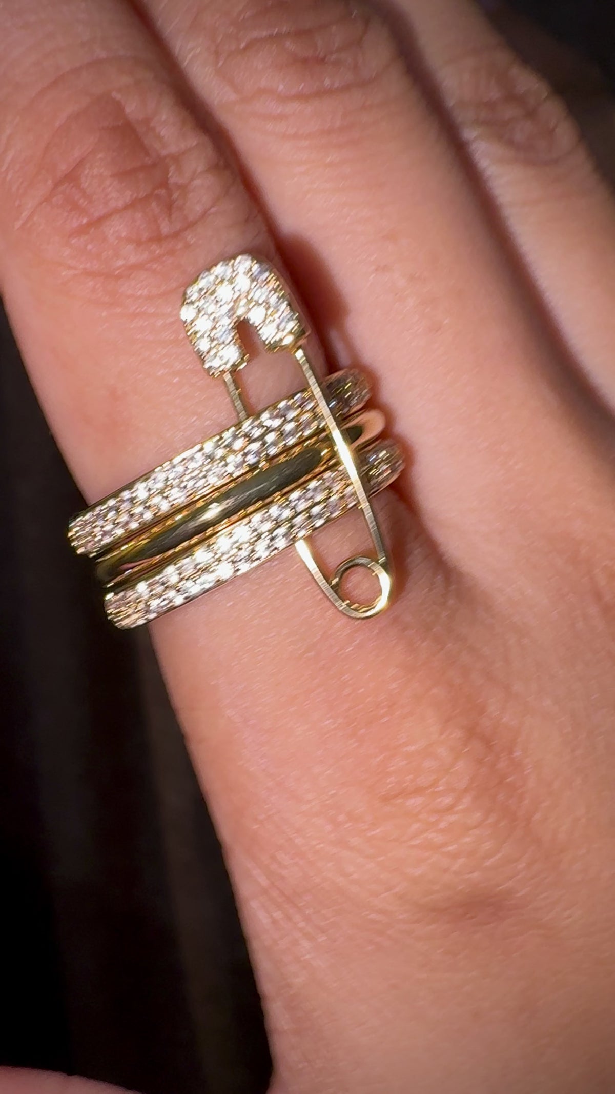 Triple-Band Pavé Safety Pin Ring