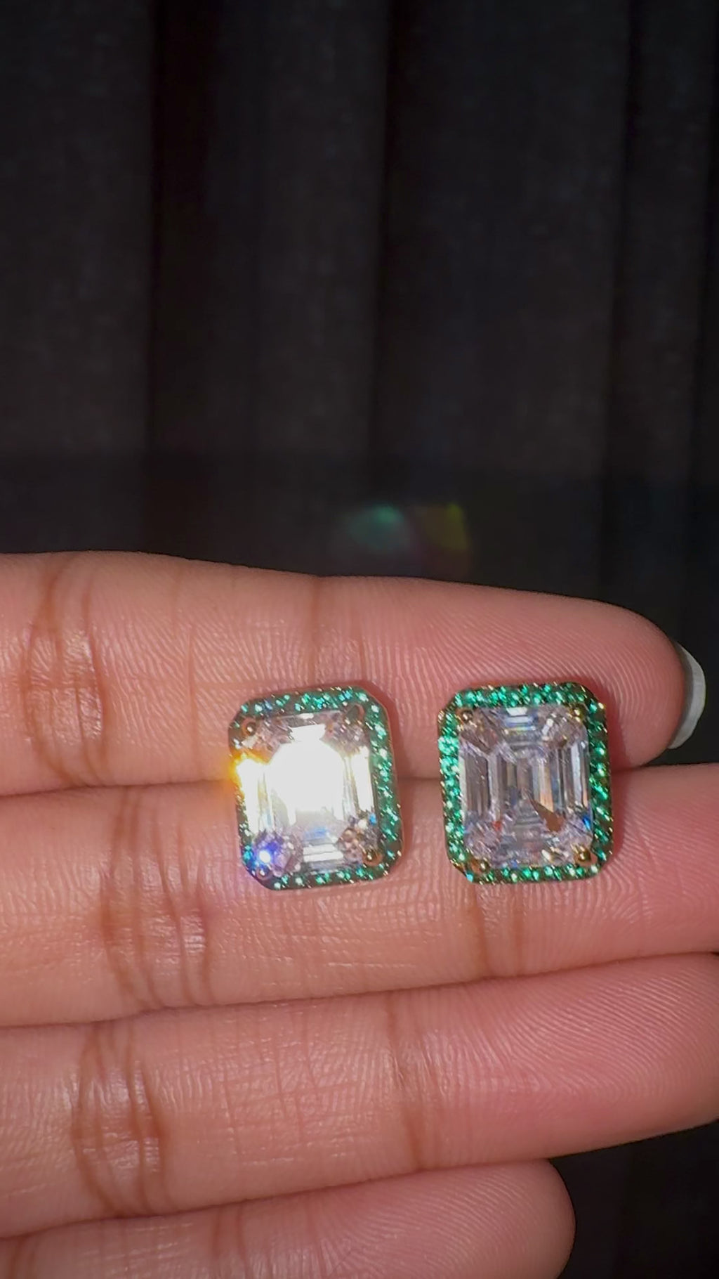 Emerald Cut CZ Green Halo CZ Stud Earrings