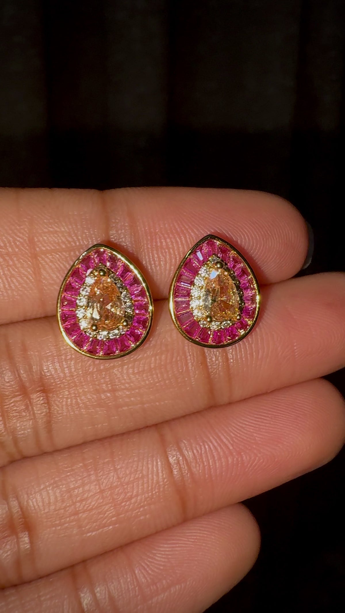 Pear-shaped Baguette Pink Halo Stud Earrings